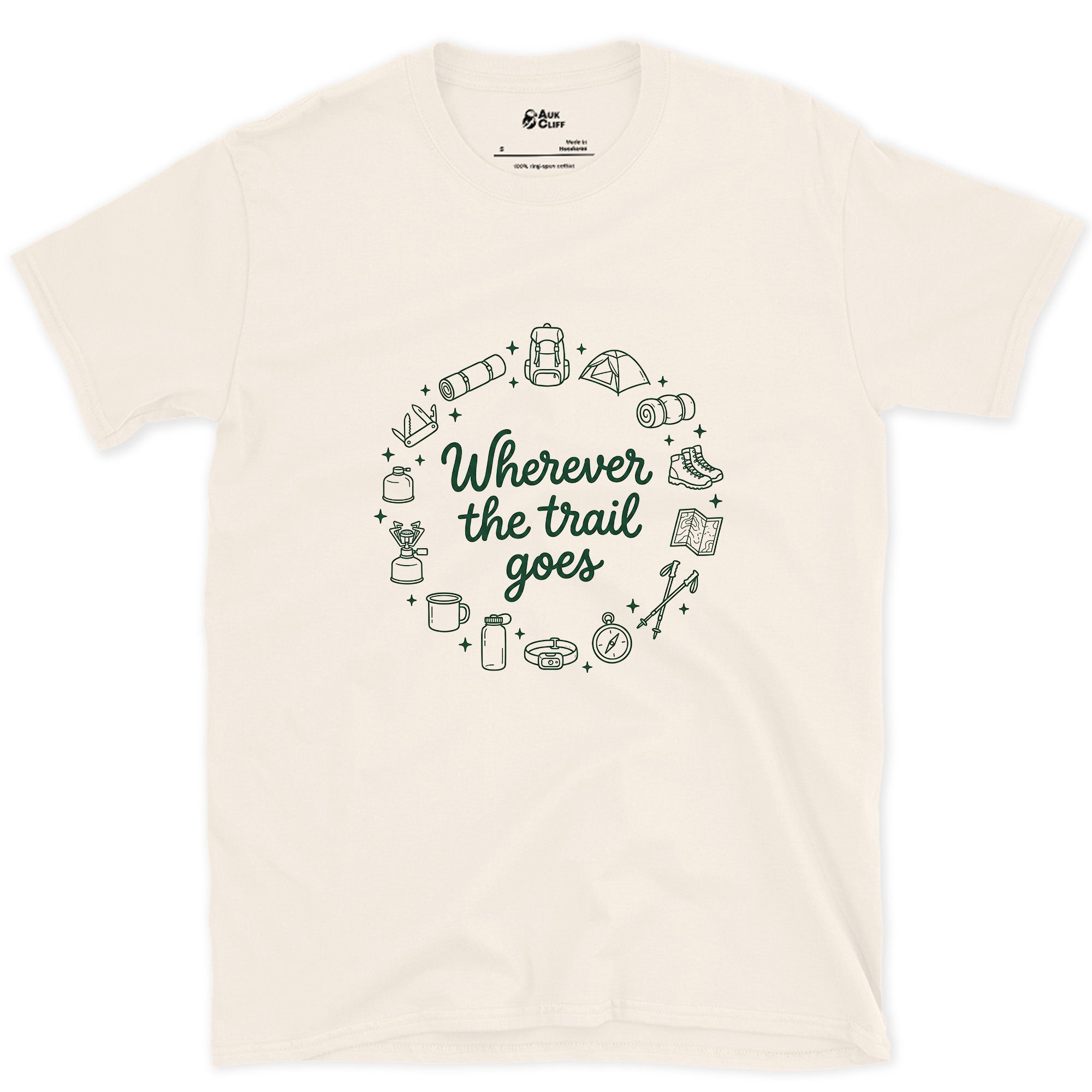 Wherever the Trail Goes design on a Natural Gildan Softstyle t-shirt