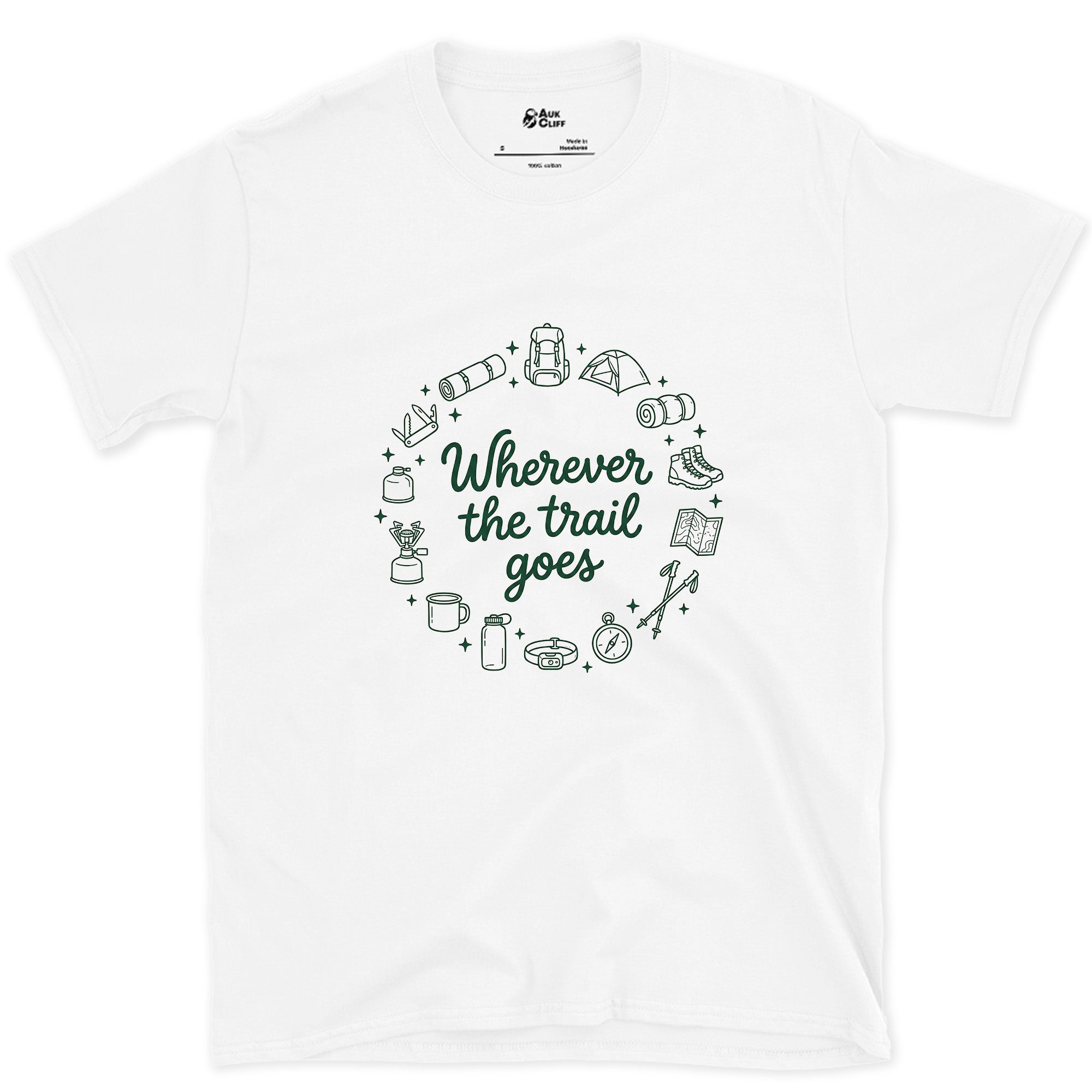 Wherever the Trail Goes design on a White Gildan Softstyle t-shirt