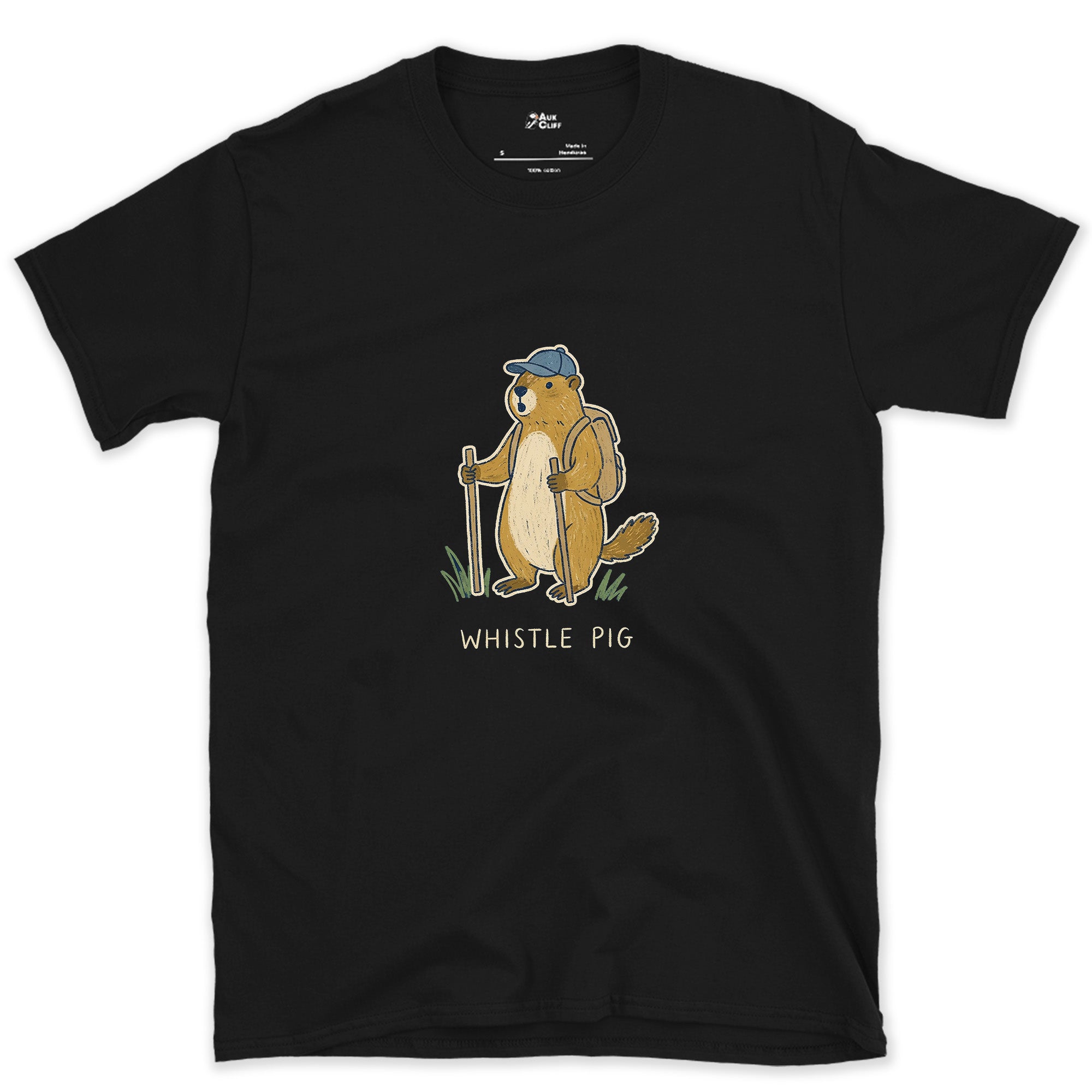 Whistle Pig, Marmot Hiker design on a Black Gildan Softstyle t-shirt