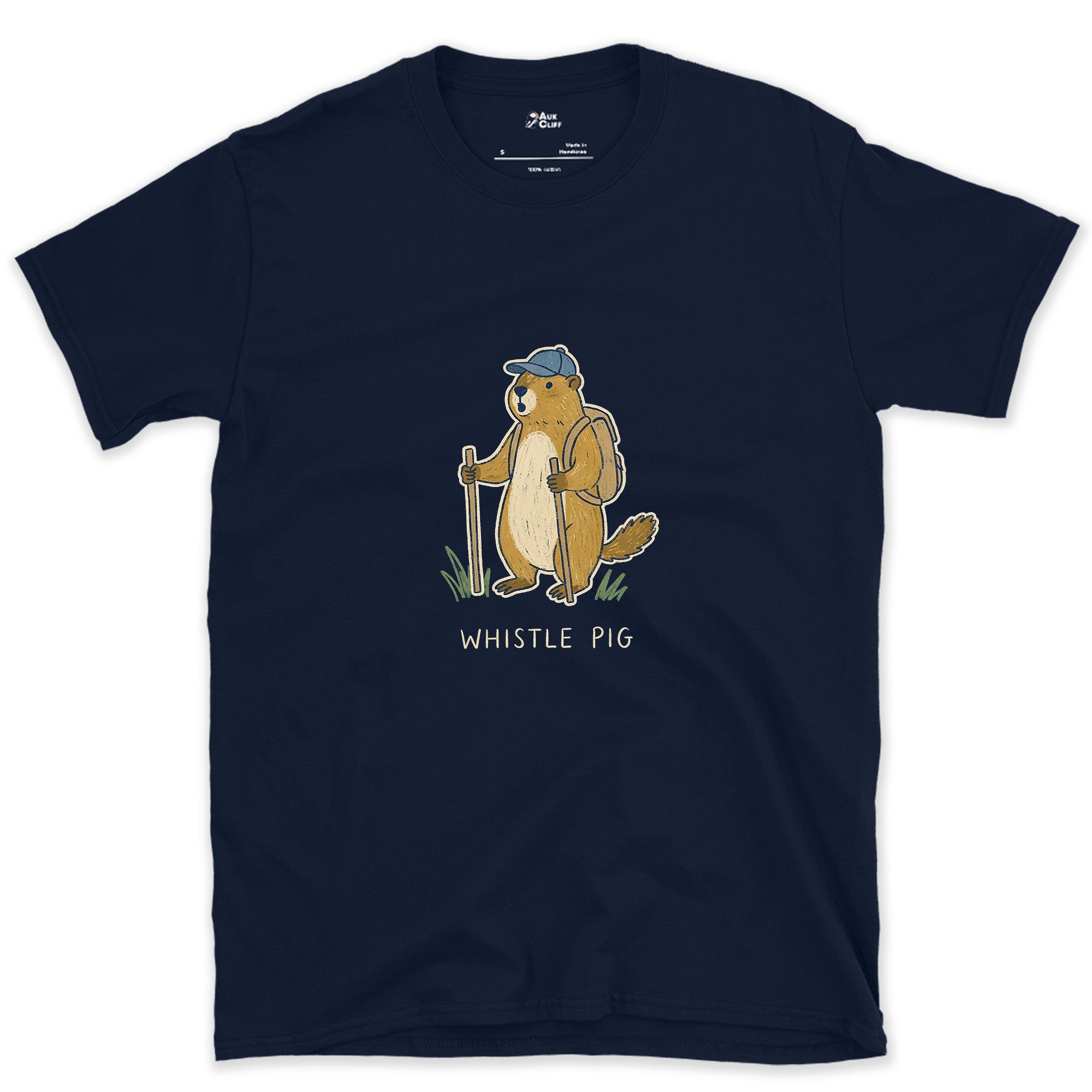 Whistle Pig, Marmot Hiker design on a Navy Gildan Softstyle t-shirt