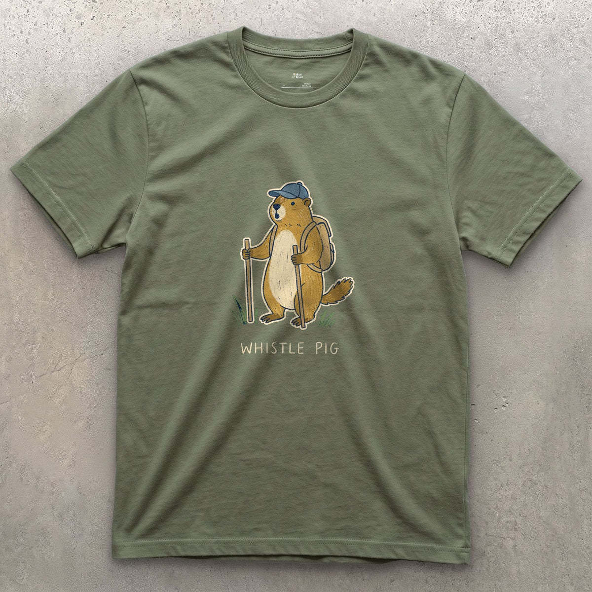 Whistle Pig, Marmot Hiker design on a Military Green Gildan Softstyle t-shirt