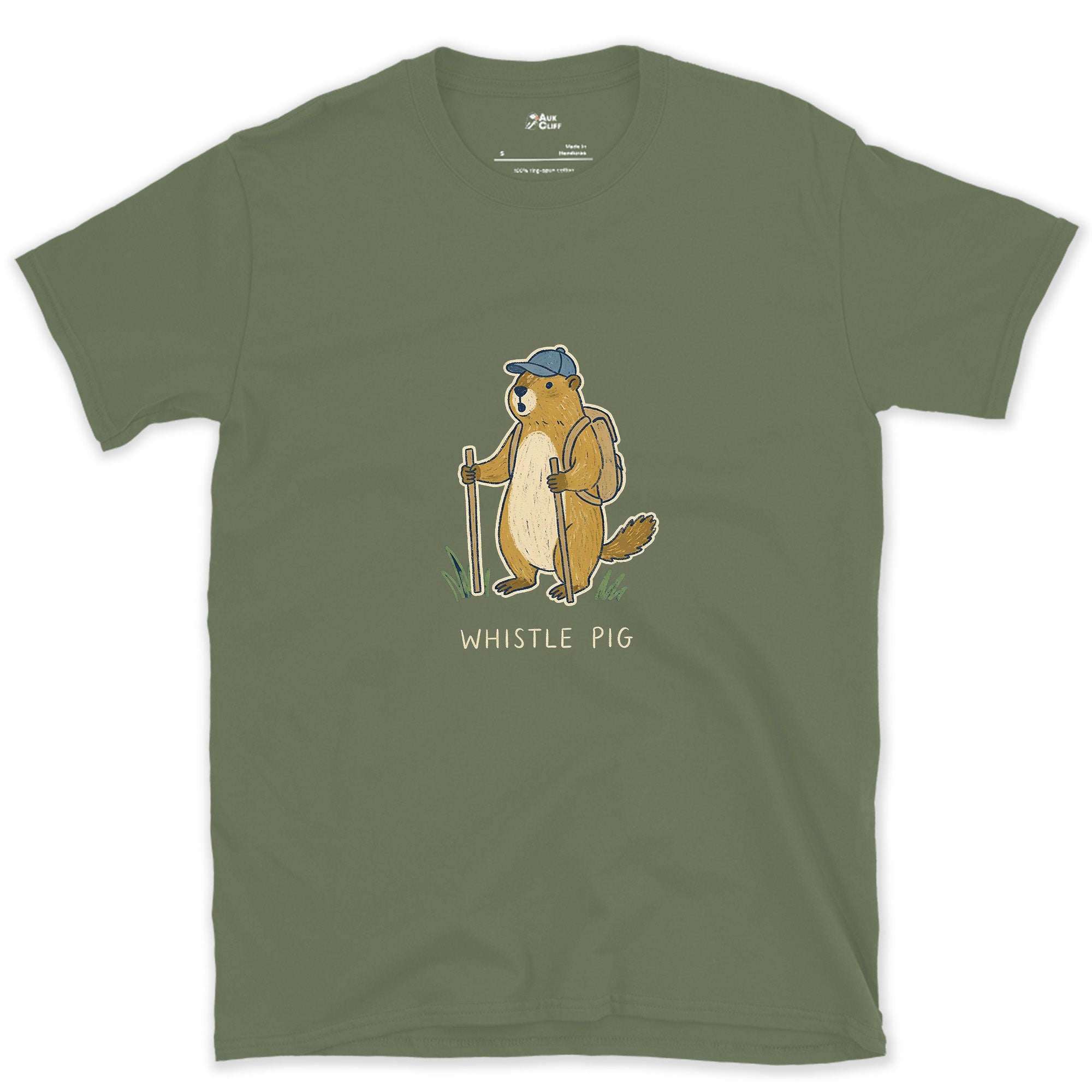 Whistle Pig, Marmot Hiker design on a Military Green Gildan Softstyle t-shirt