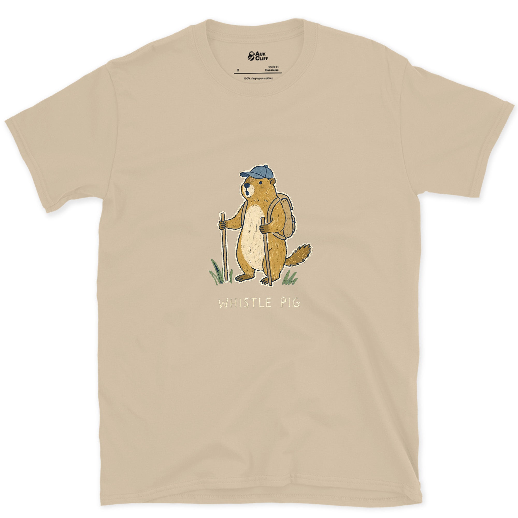 Whistle Pig, Marmot Hiker design on a Sand Gildan Softstyle t-shirt