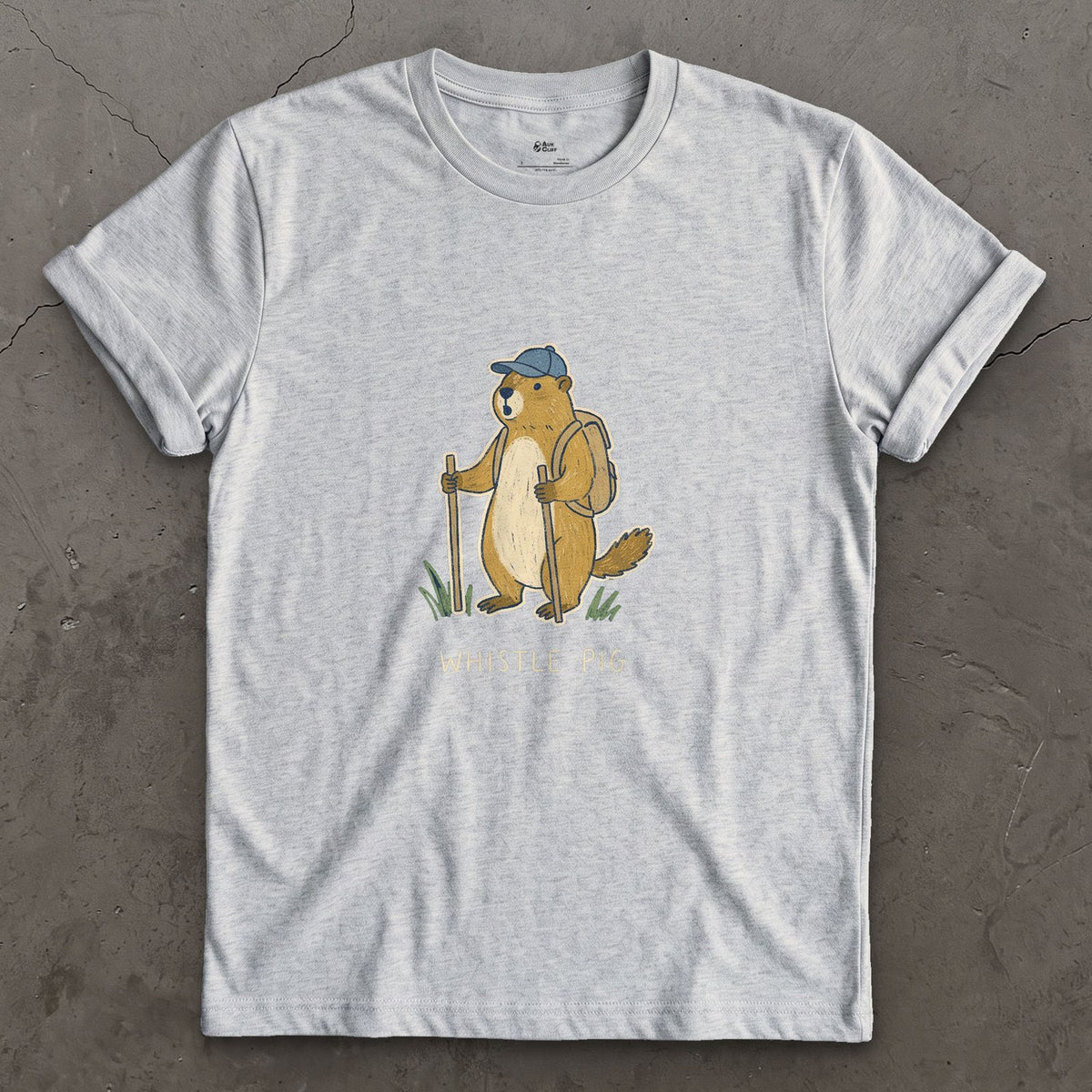 Whistle Pig, Marmot Hiker design on a Sport Grey Gildan Softstyle t-shirt
