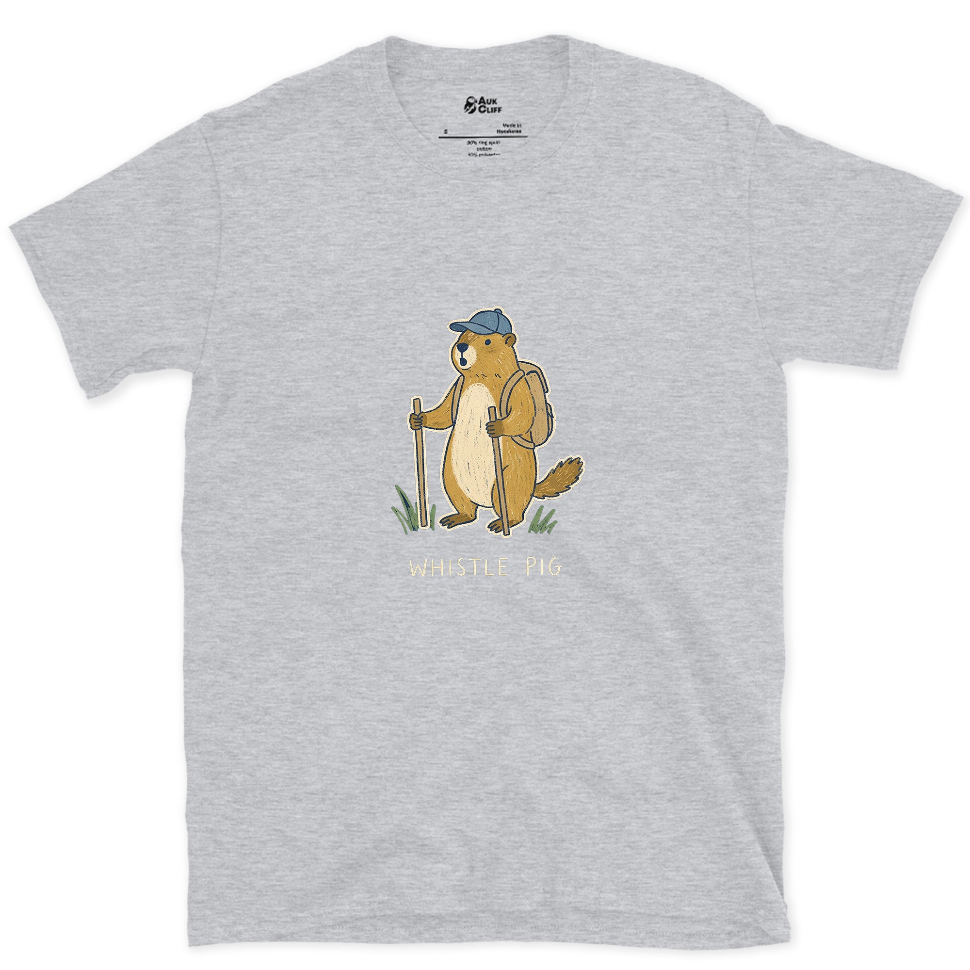 Whistle Pig, Marmot Hiker design on a Sport Grey Gildan Softstyle t-shirt
