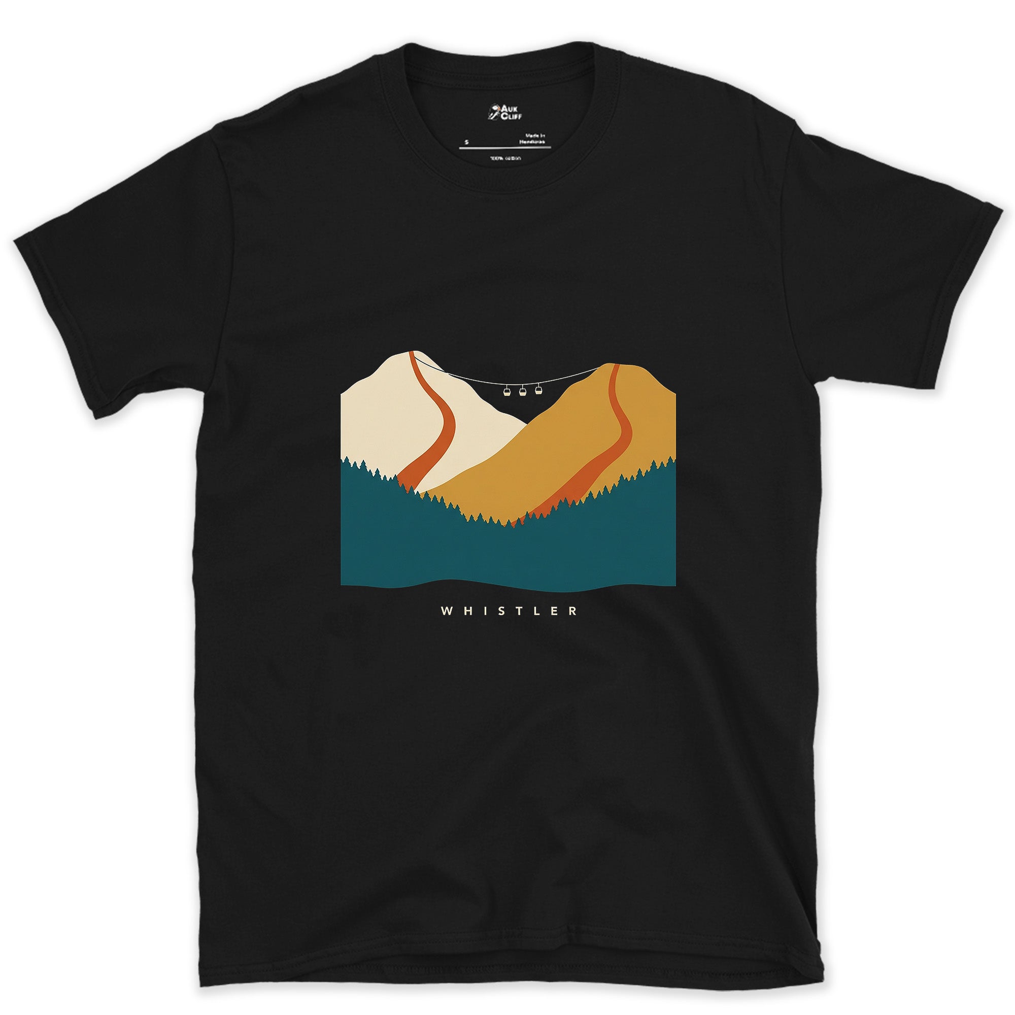 Whistler, Ridge Lines and a Ski Lift design on a Black Gildan Softstyle t-shirt