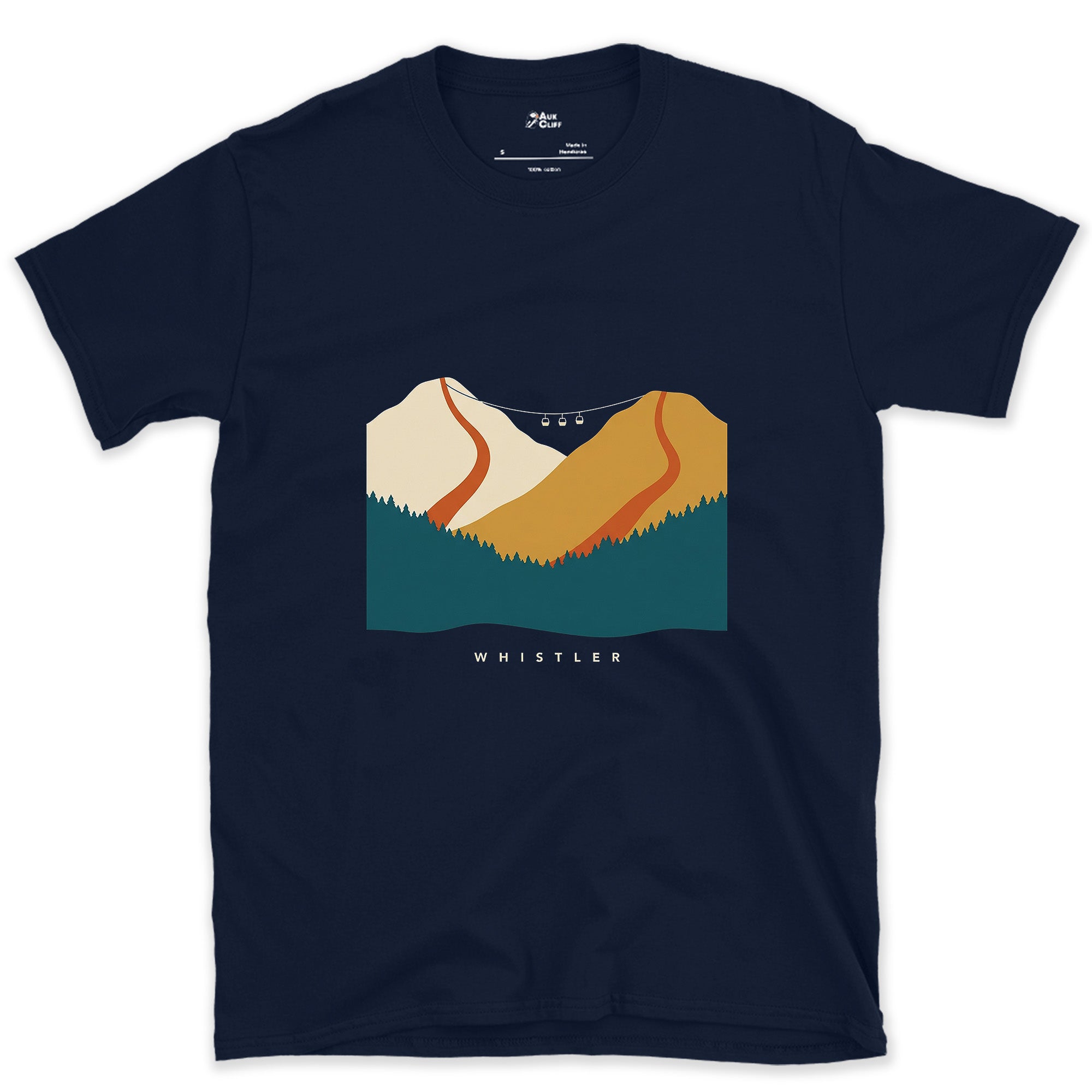 Whistler, Ridge Lines and a Ski Lift design on a Navy Gildan Softstyle t-shirt