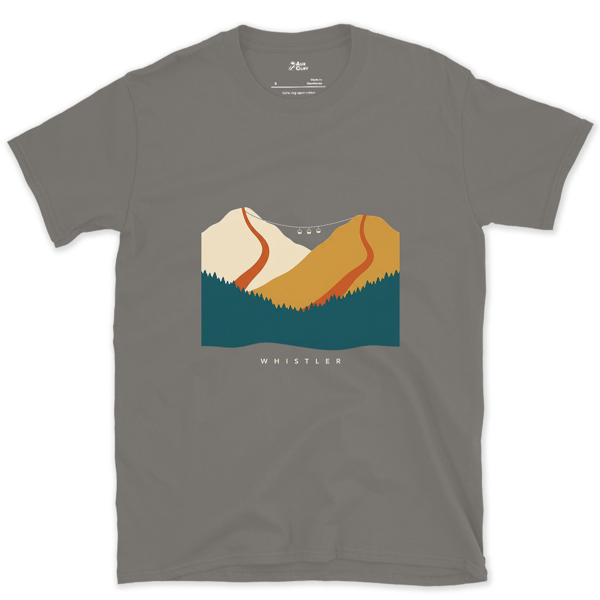 Whistler, Ridge Lines and a Ski Lift design on a Charcoal Gildan Softstyle t-shirt