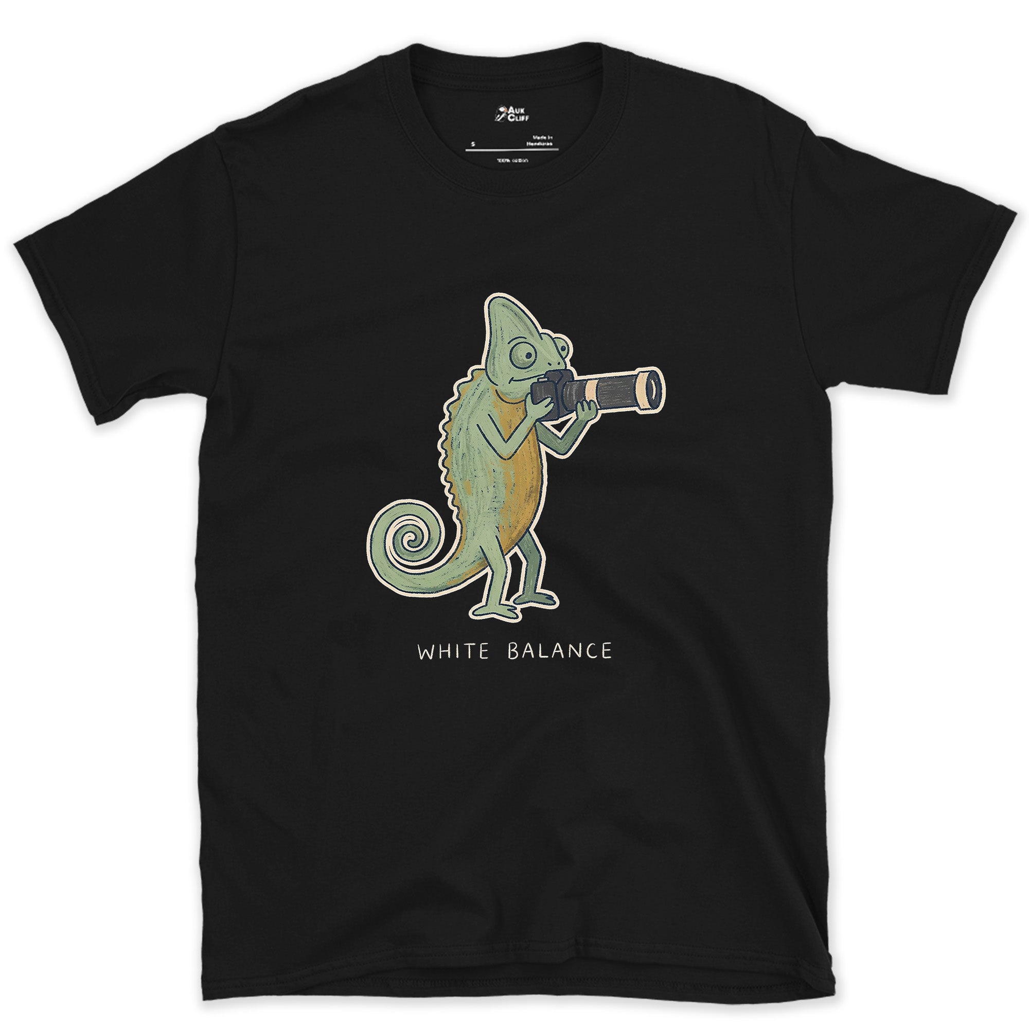 White Balance, Chameleon With a Camera design on a Black Gildan Softstyle t-shirt