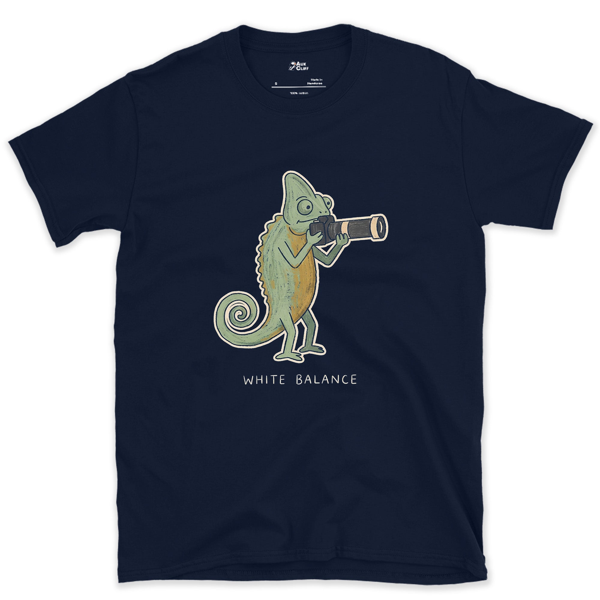 White Balance, Chameleon With a Camera design on a Navy Gildan Softstyle t-shirt