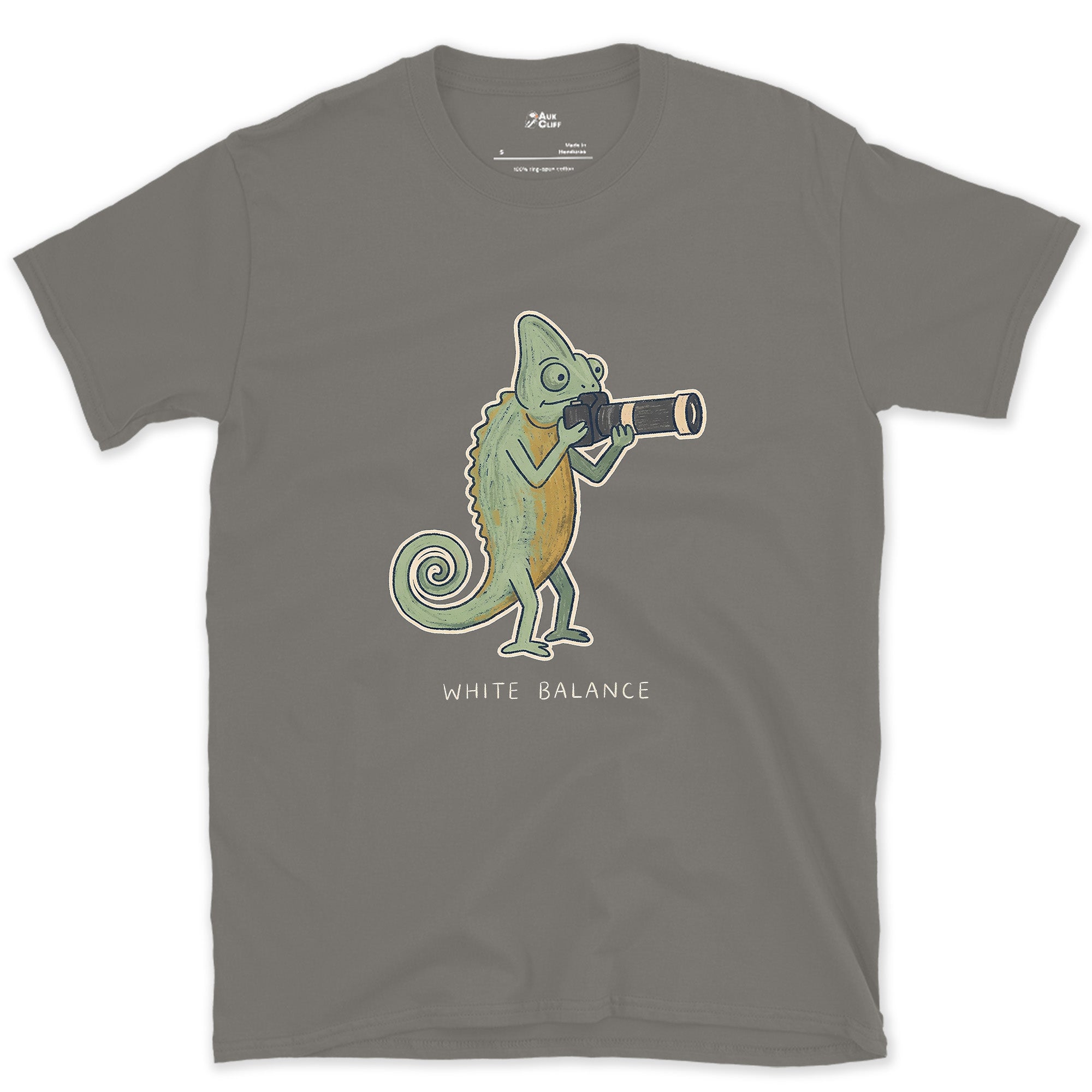 White Balance, Chameleon With a Camera design on a Charcoal Gildan Softstyle t-shirt