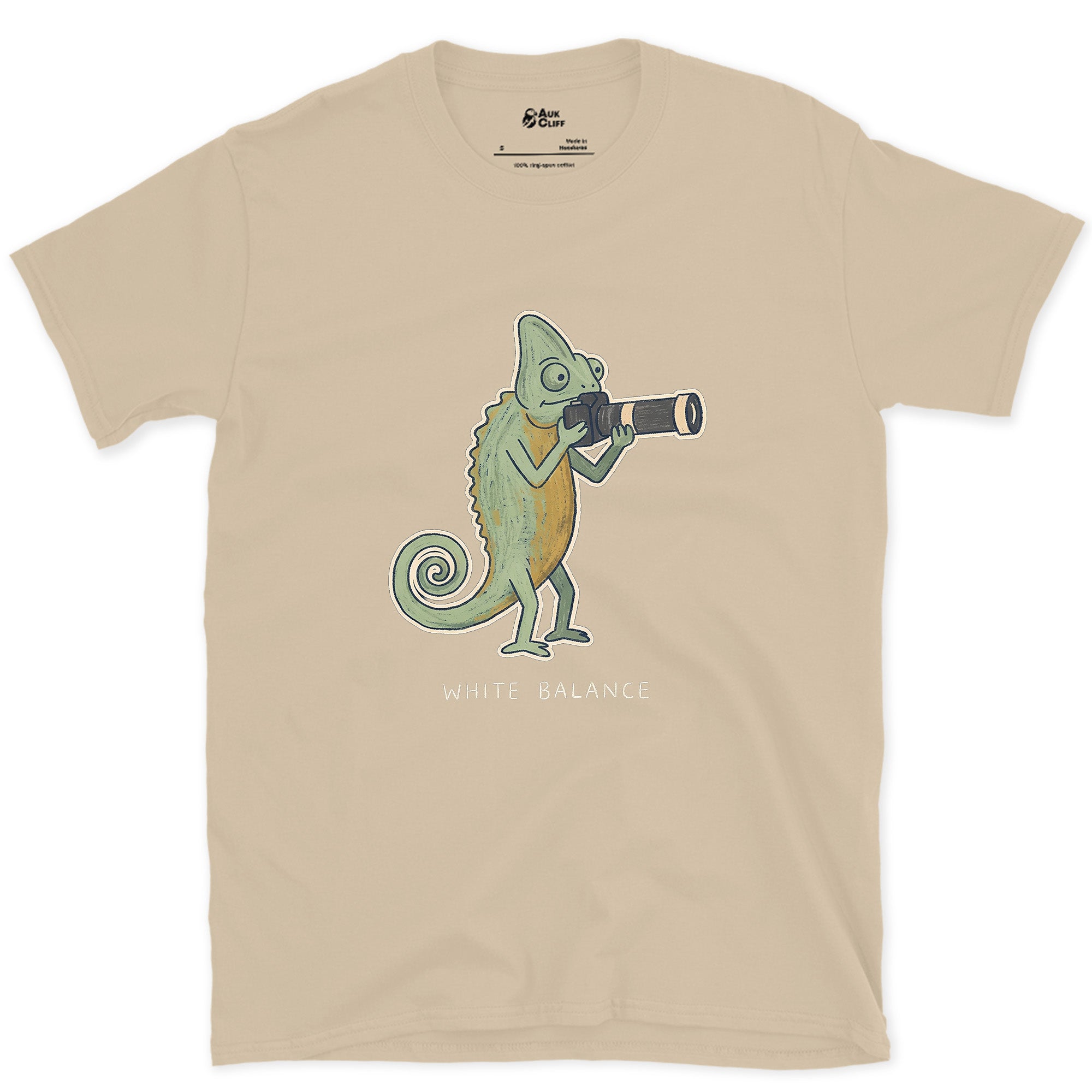 White Balance, Chameleon With a Camera design on a Sand Gildan Softstyle t-shirt