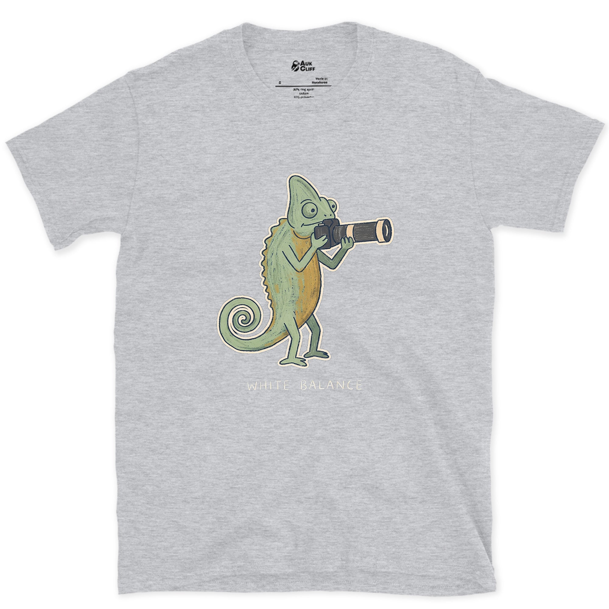 White Balance, Chameleon With a Camera design on a Sport Grey Gildan Softstyle t-shirt