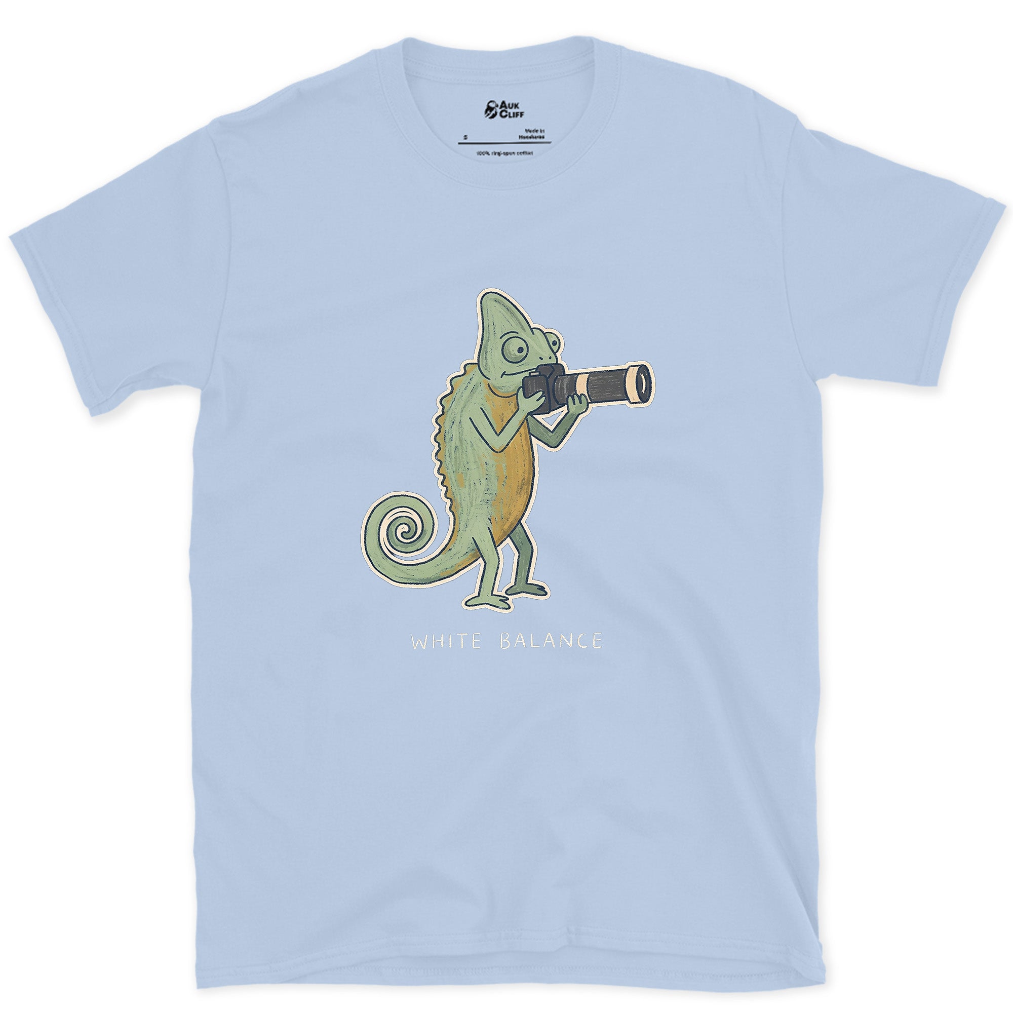 White Balance, Chameleon With a Camera design on a Light Blue Gildan Softstyle t-shirt
