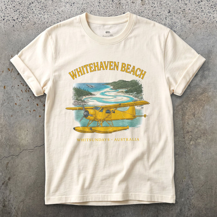 Whitehaven Beach Bush Plane design on a Natural Gildan Softstyle t-shirt