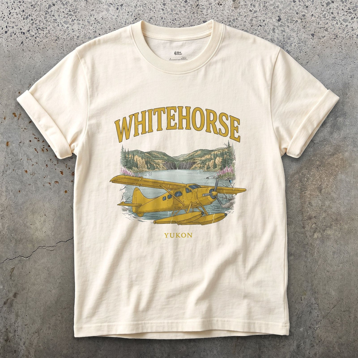 Whitehorse Bush Plane design on a Natural Gildan Softstyle t-shirt