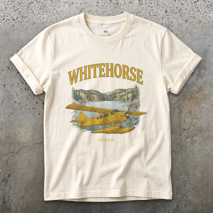 Whitehorse Bush Plane design on a Natural Gildan Softstyle t-shirt