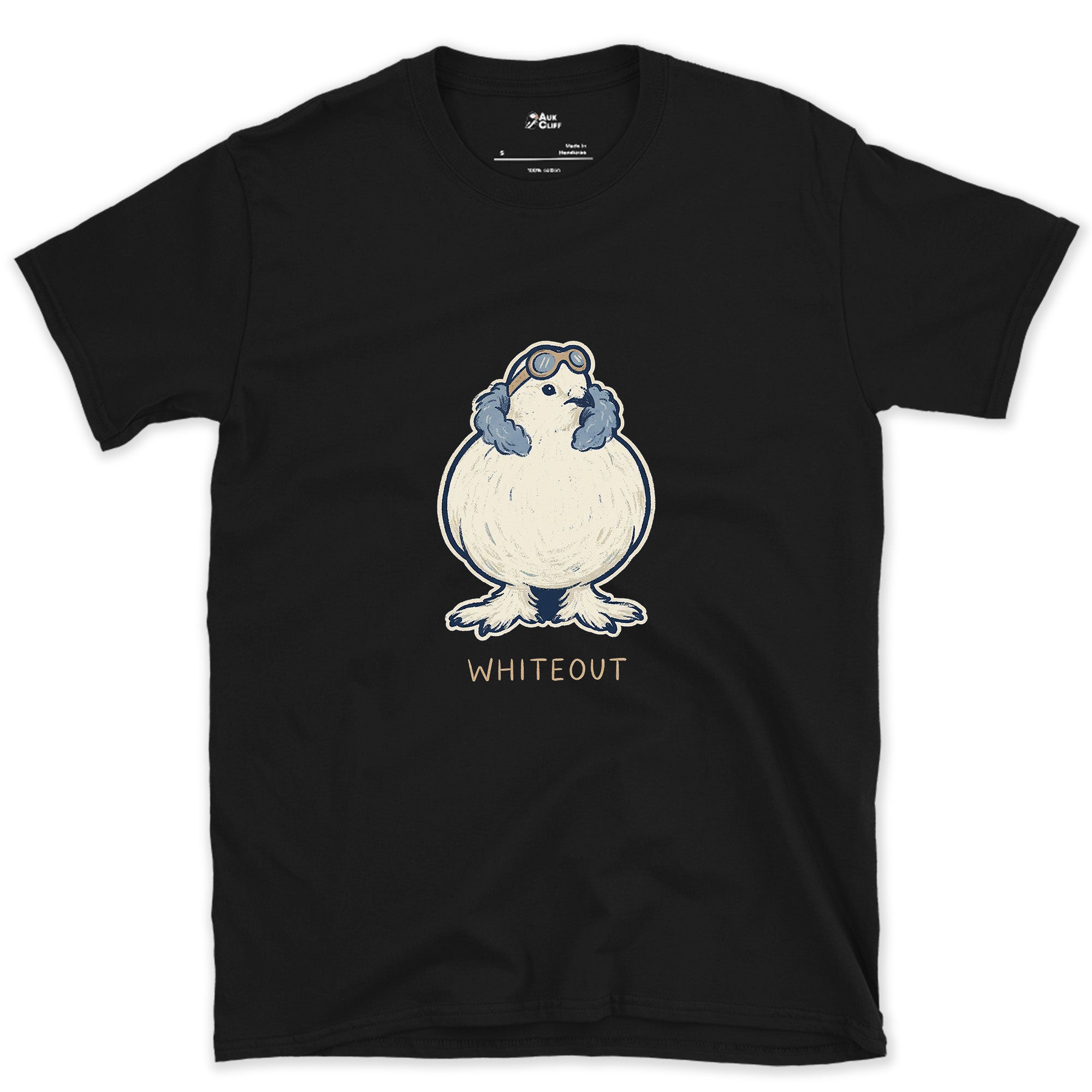 Whiteout at Altitude, Ptarmigan in Ski Goggles design on a Black Gildan Softstyle t-shirt