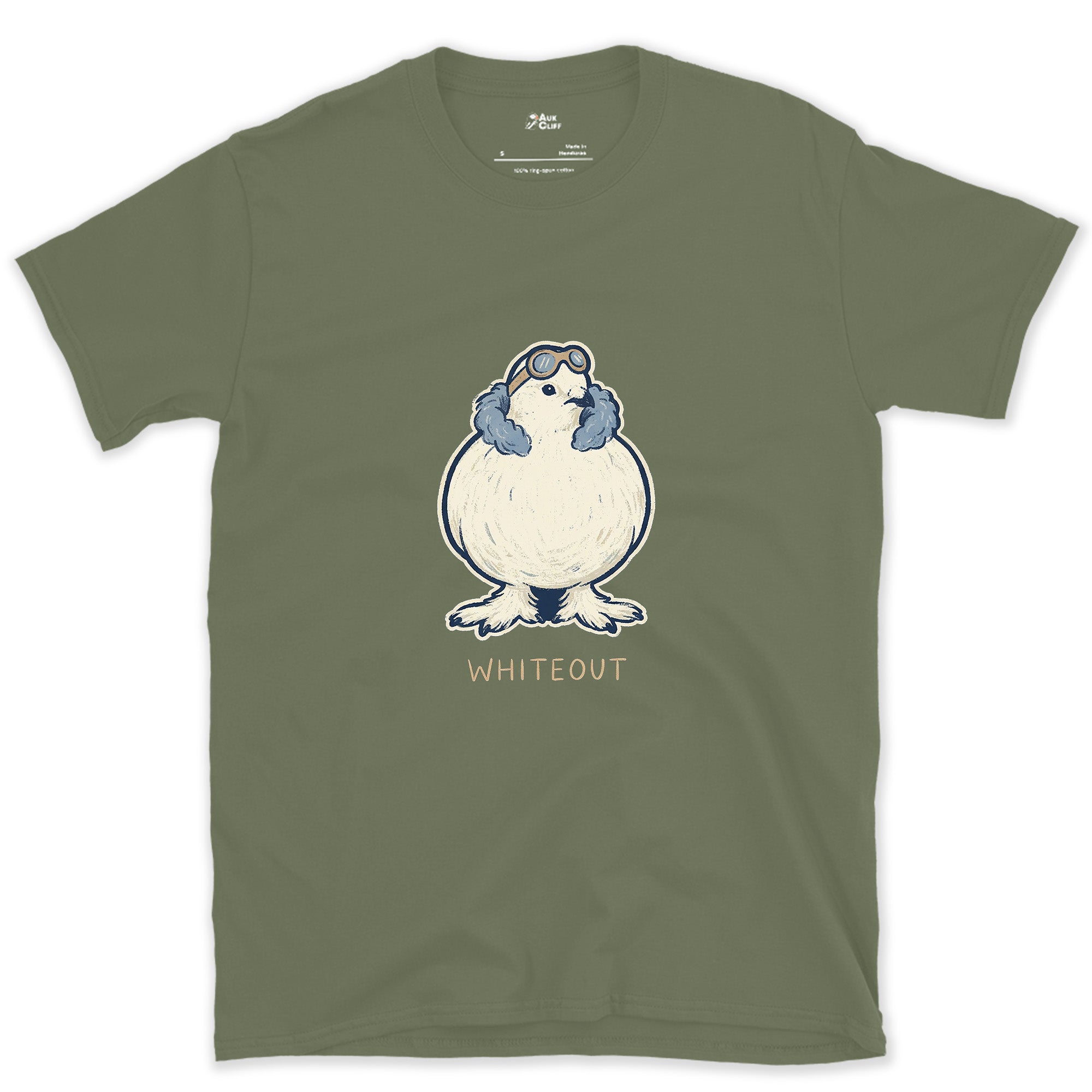 Whiteout at Altitude, Ptarmigan in Ski Goggles design on a Military Green Gildan Softstyle t-shirt