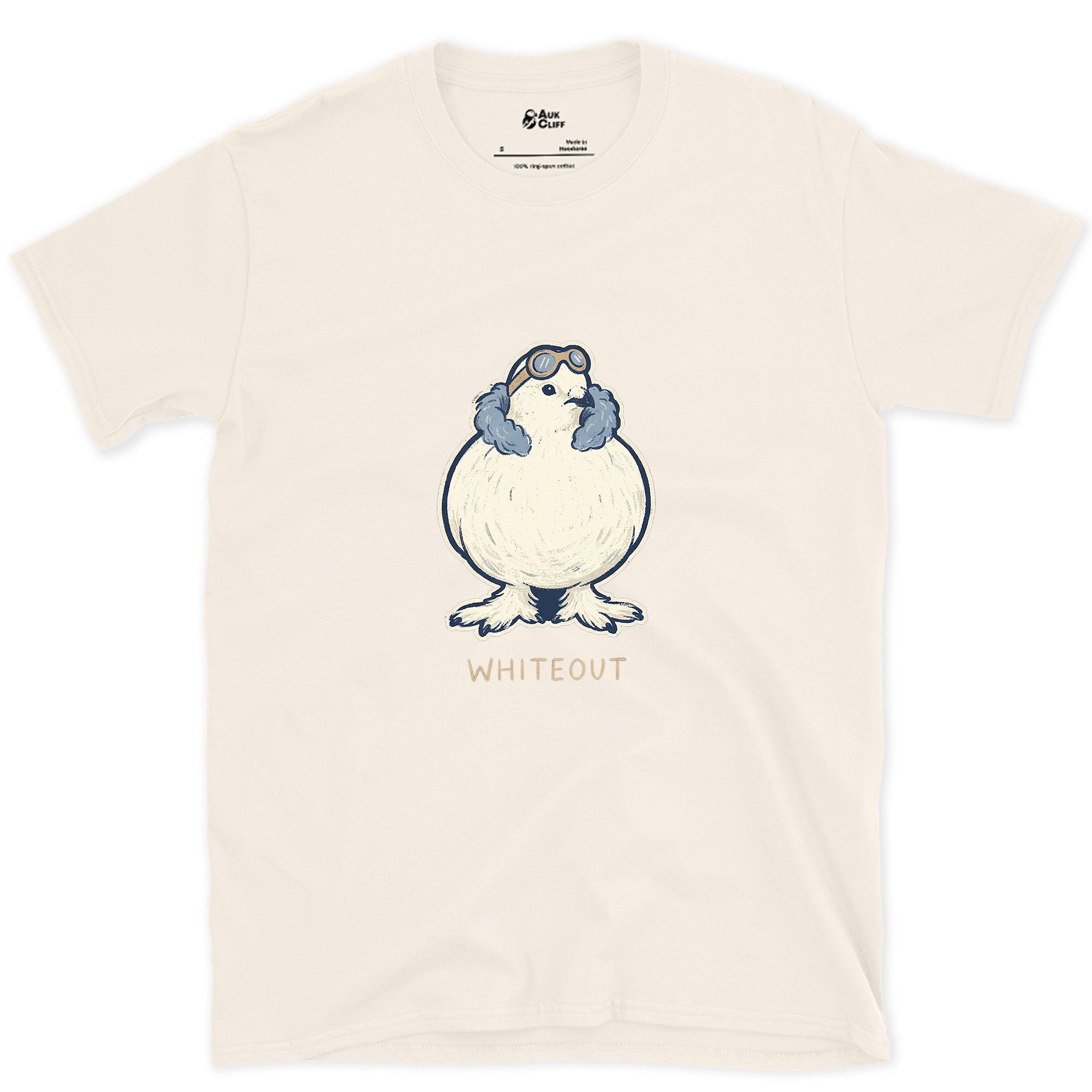 Whiteout at Altitude, Ptarmigan in Ski Goggles design on a Natural Gildan Softstyle t-shirt