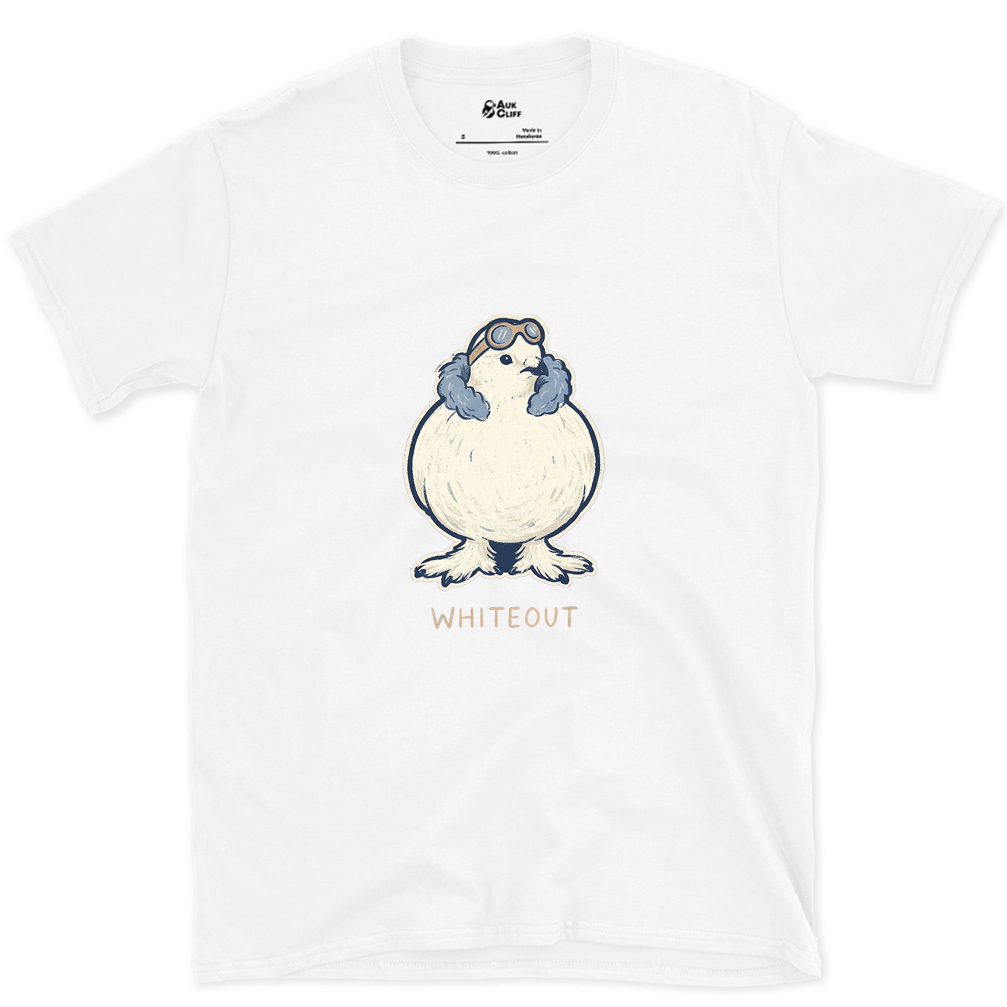 Whiteout at Altitude, Ptarmigan in Ski Goggles design on a White Gildan Softstyle t-shirt