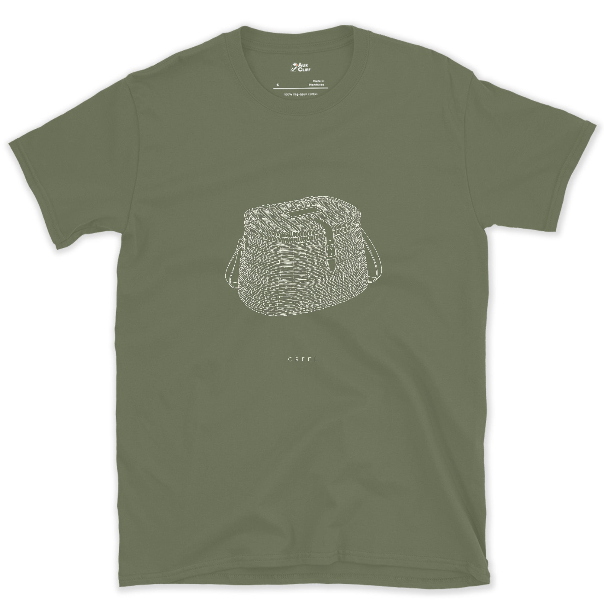 Creel Carried Over One Shoulder design on a Military Green Gildan Softstyle t-shirt