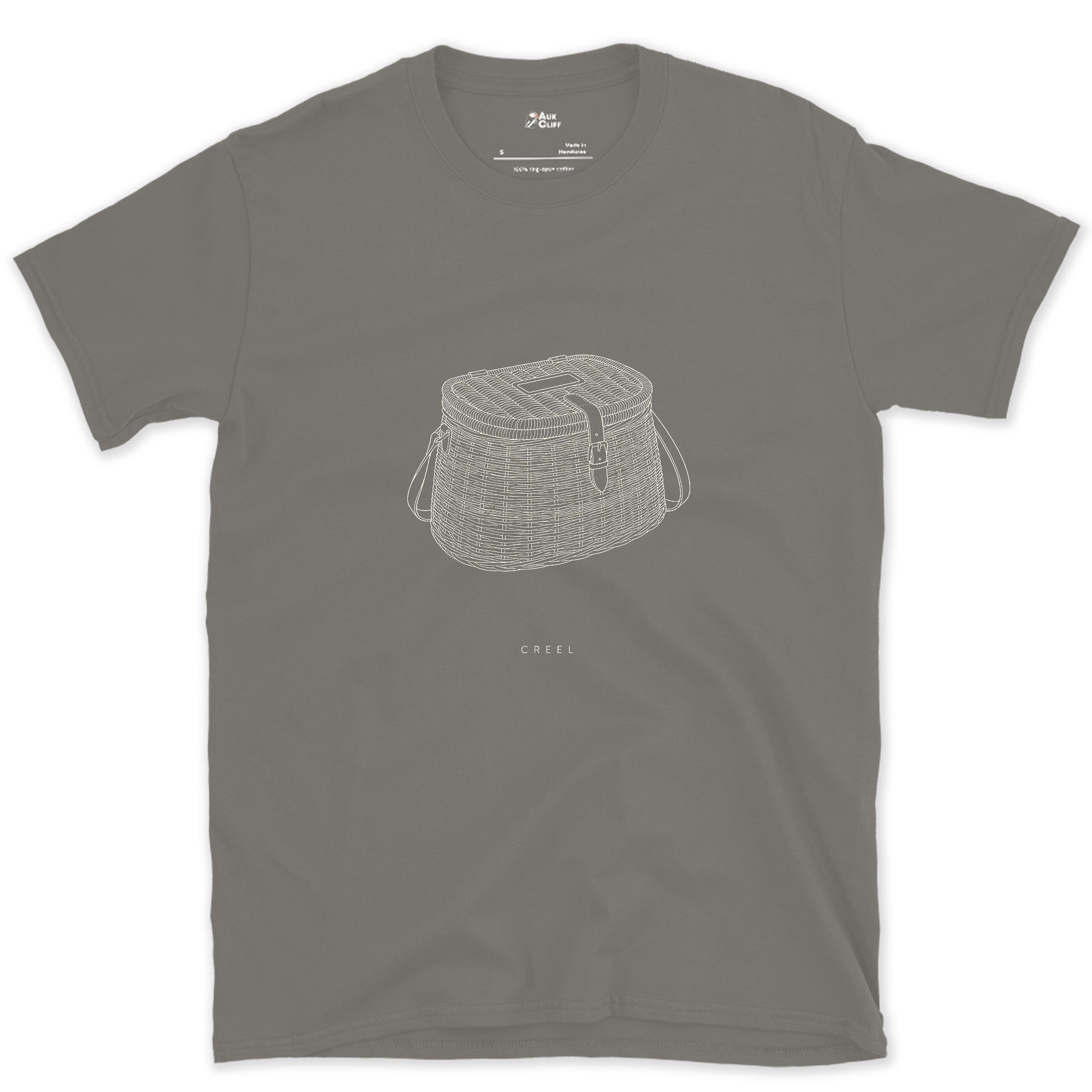 Creel Carried Over One Shoulder design on a Charcoal Gildan Softstyle t-shirt