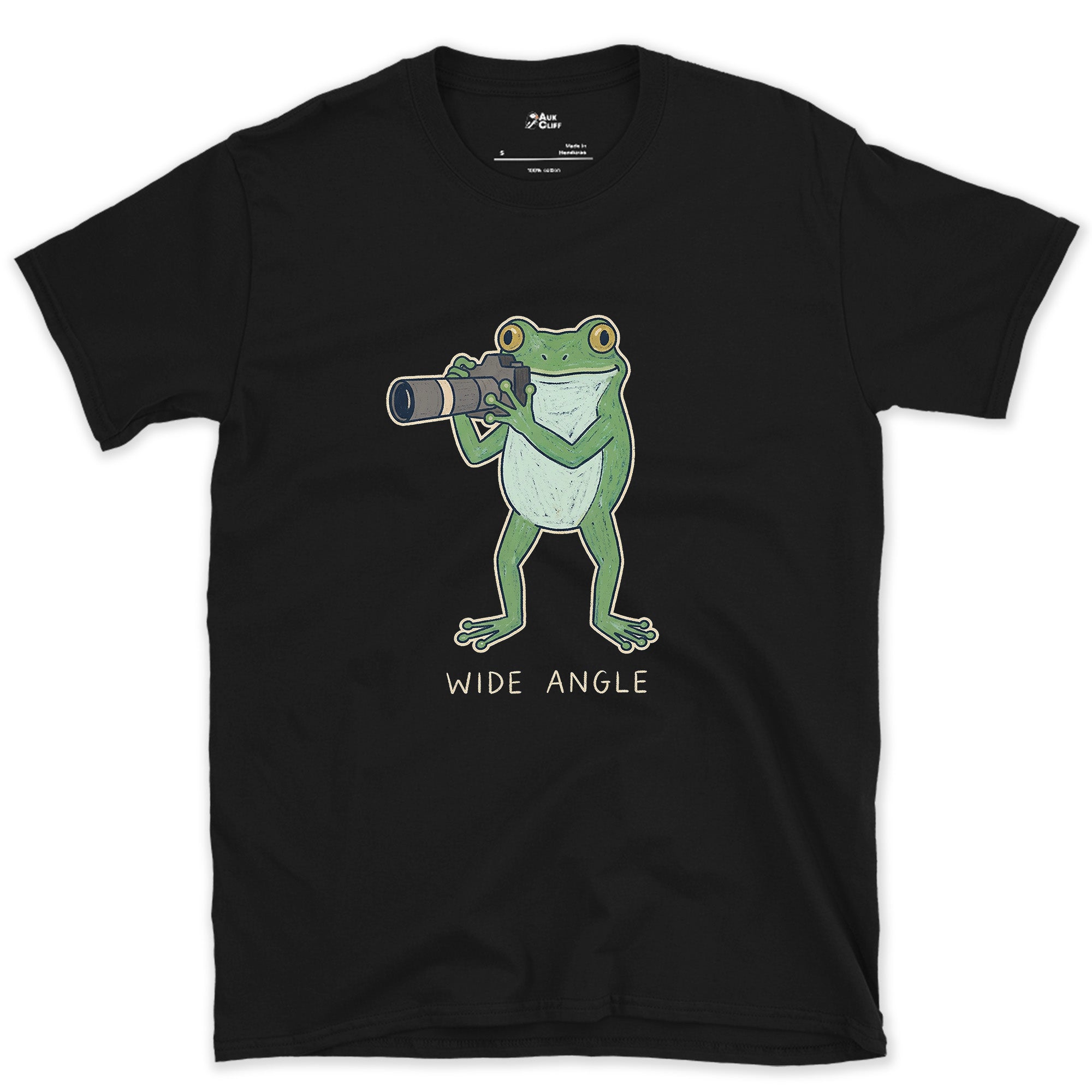 Wide Angle, Frog With Naturally Wide Eyes design on a Black Gildan Softstyle t-shirt