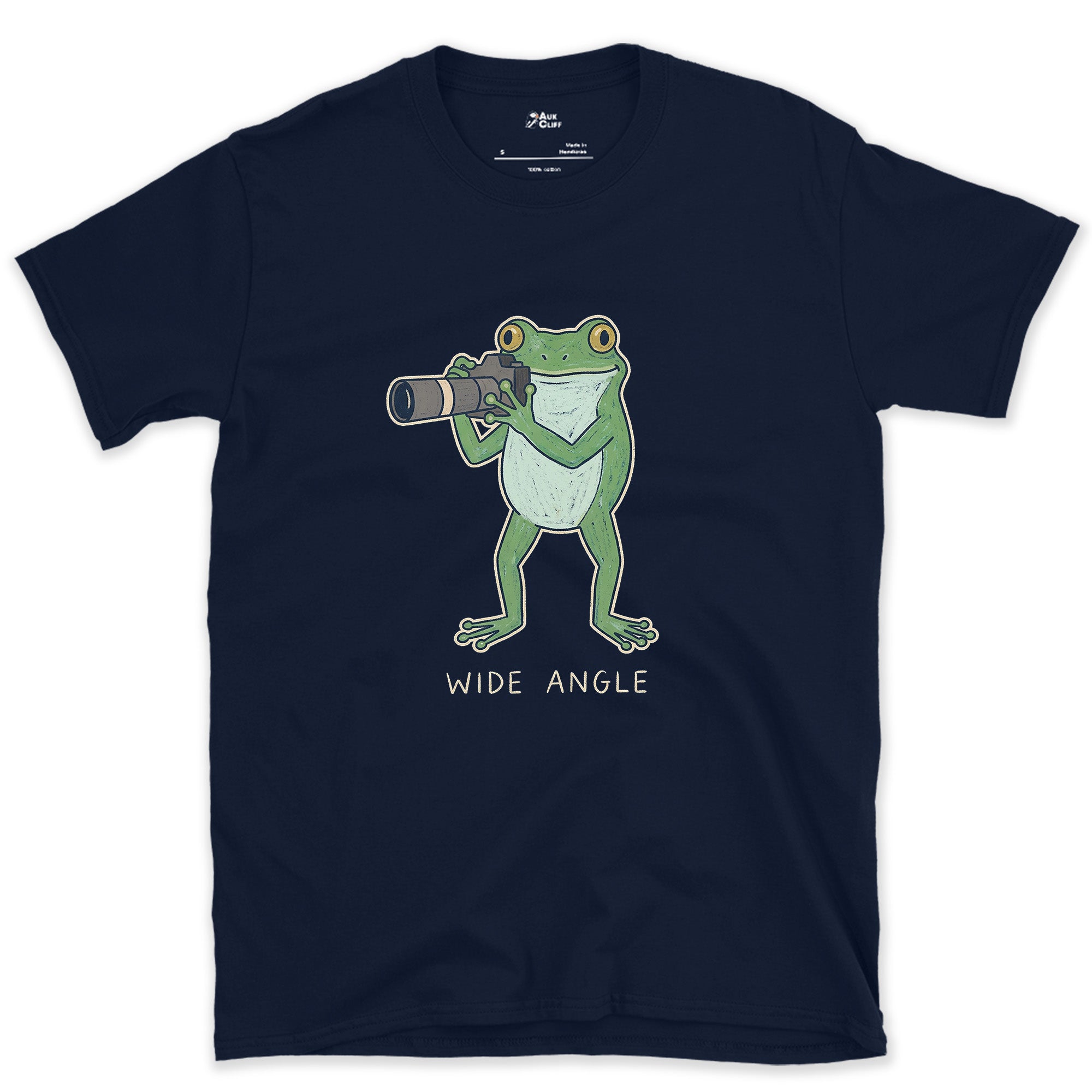 Wide Angle, Frog With Naturally Wide Eyes design on a Navy Gildan Softstyle t-shirt