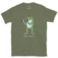 Wide Angle, Frog With Naturally Wide Eyes design on a Military Green Gildan Softstyle t-shirt