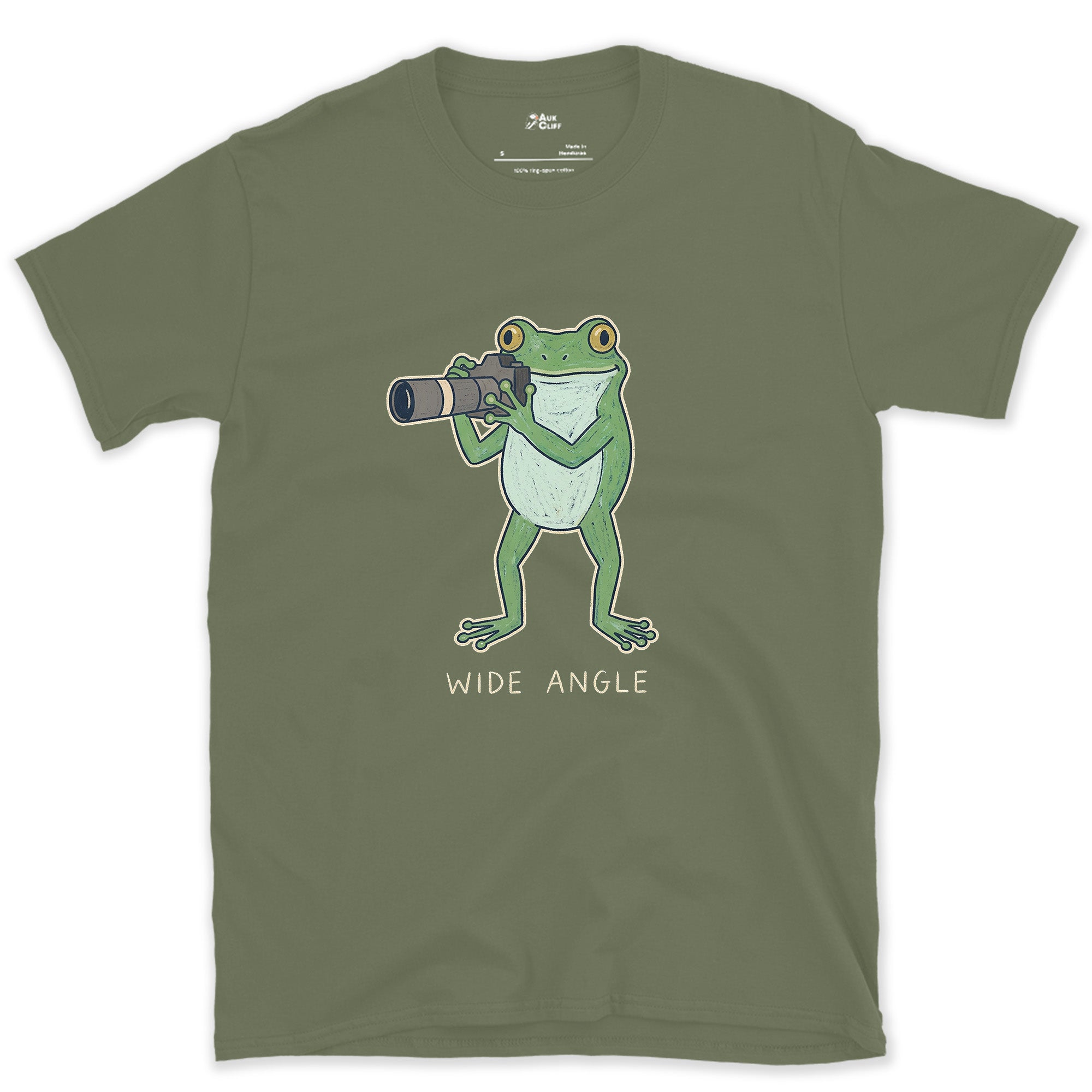 Wide Angle, Frog With Naturally Wide Eyes design on a Military Green Gildan Softstyle t-shirt
