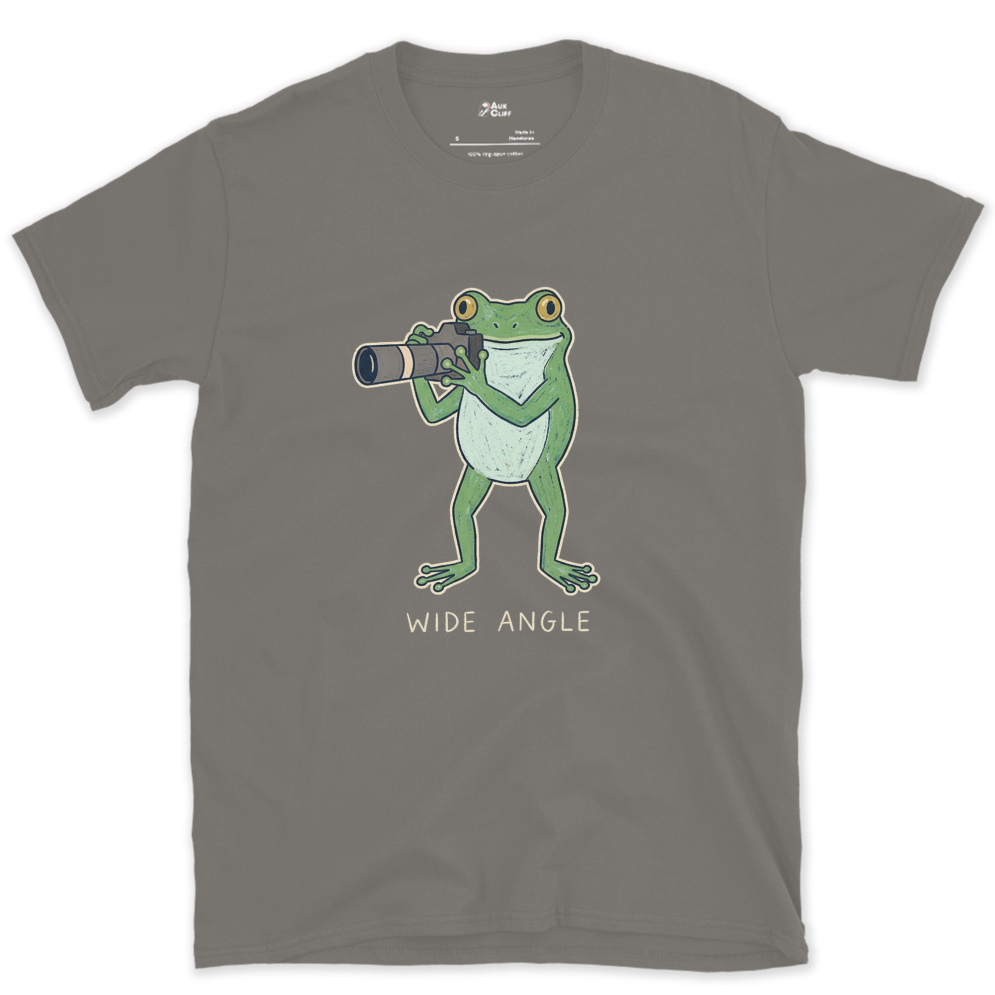 Wide Angle, Frog With Naturally Wide Eyes design on a Charcoal Gildan Softstyle t-shirt