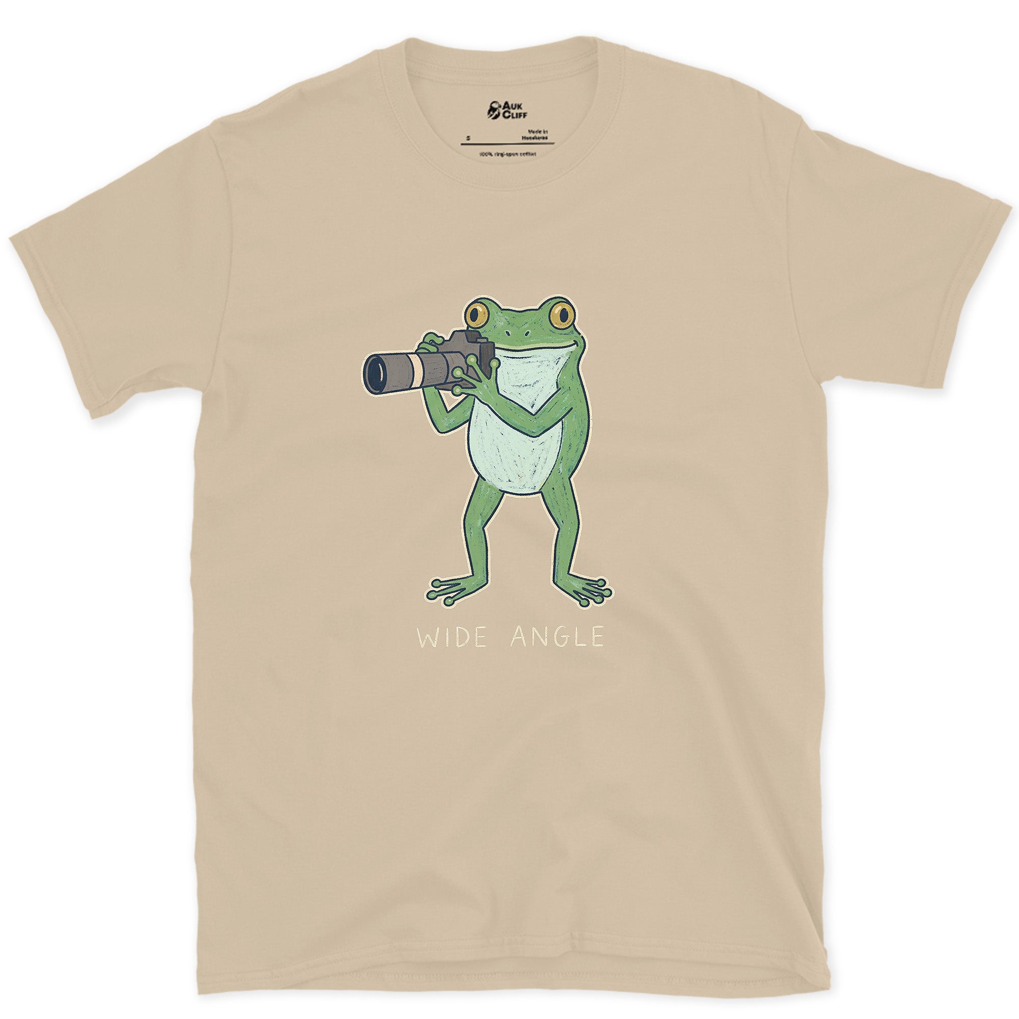 Wide Angle, Frog With Naturally Wide Eyes design on a Sand Gildan Softstyle t-shirt