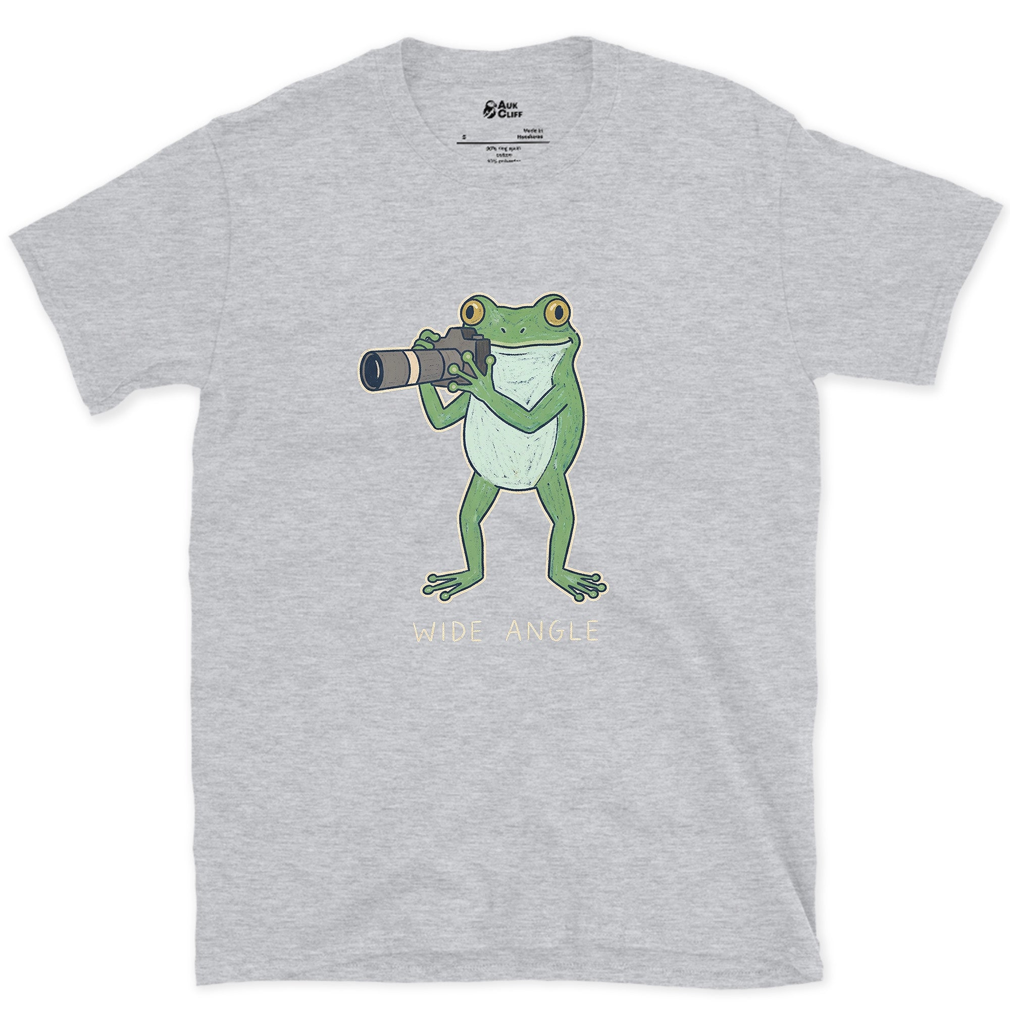 Wide Angle, Frog With Naturally Wide Eyes design on a Sport Grey Gildan Softstyle t-shirt