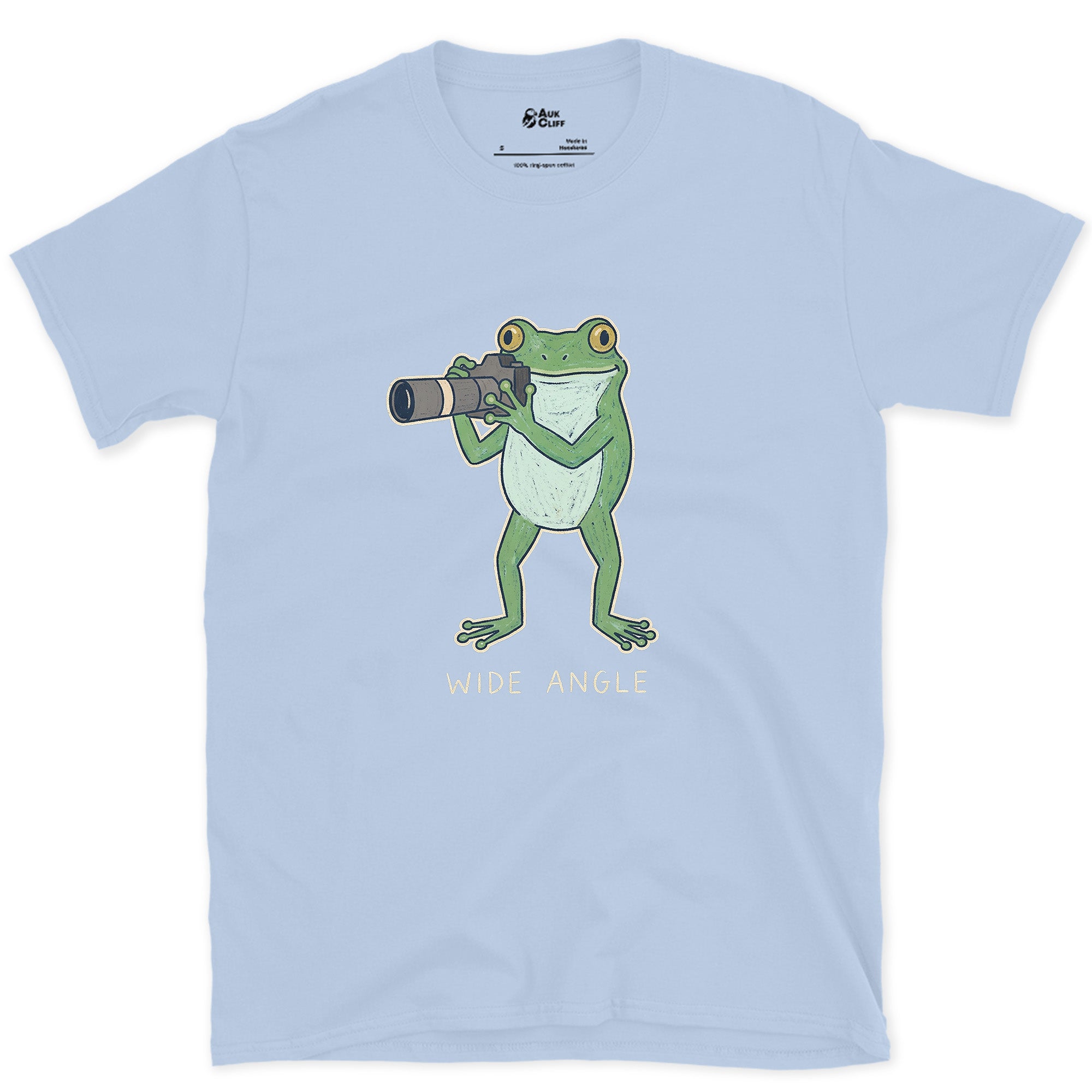 Wide Angle, Frog With Naturally Wide Eyes design on a Light Blue Gildan Softstyle t-shirt