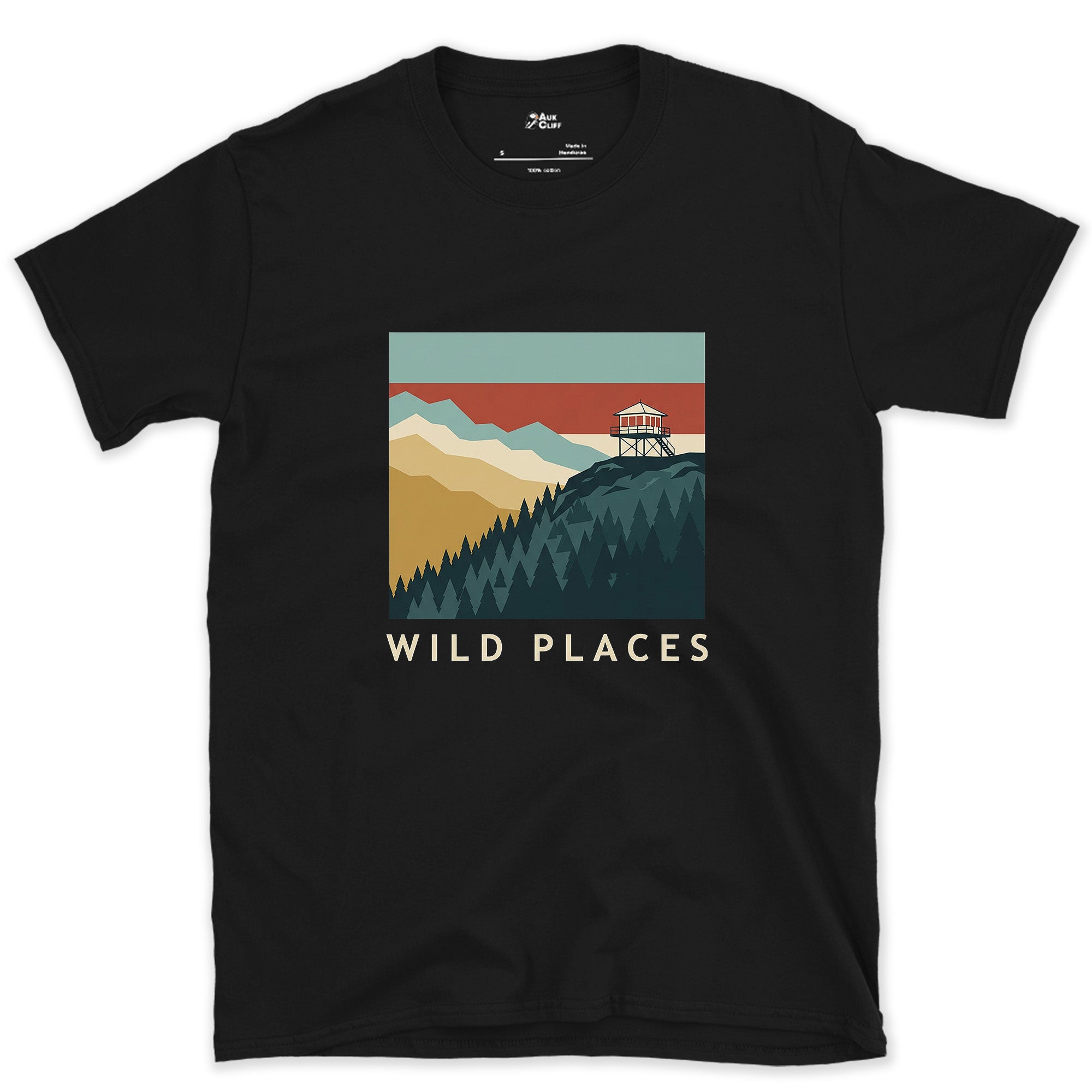 Wild Places, Fire Lookout on the Ridge design on a Black Gildan Softstyle t-shirt