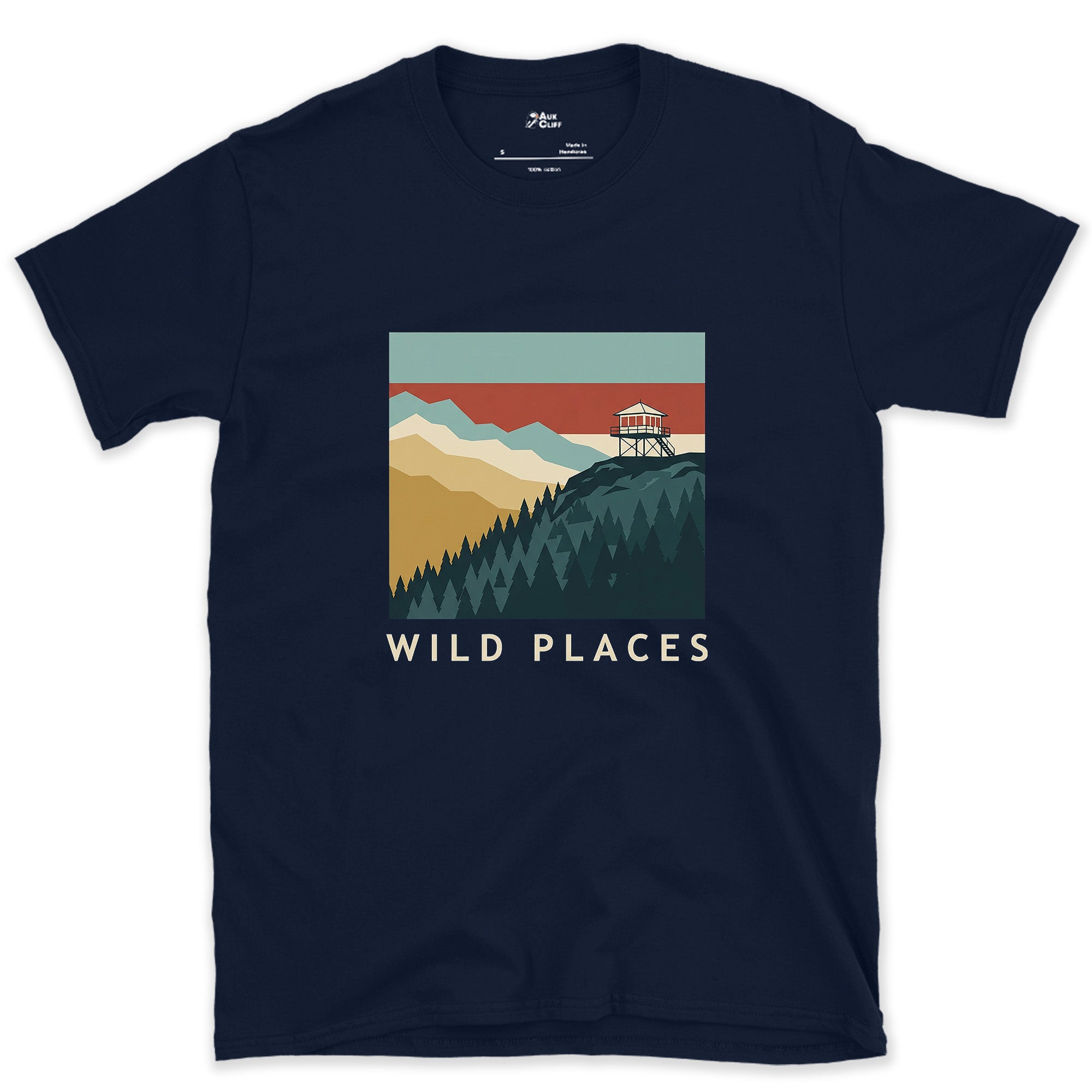 Wild Places, Fire Lookout on the Ridge design on a Navy Gildan Softstyle t-shirt