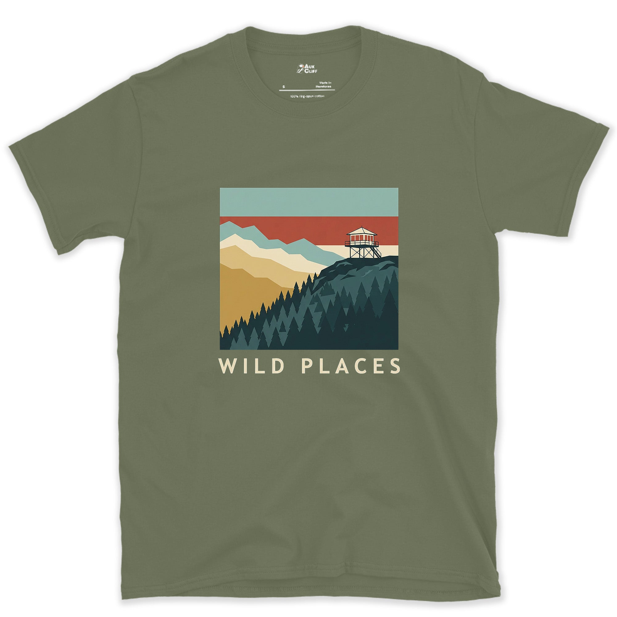 Wild Places, Fire Lookout on the Ridge design on a Military Green Gildan Softstyle t-shirt