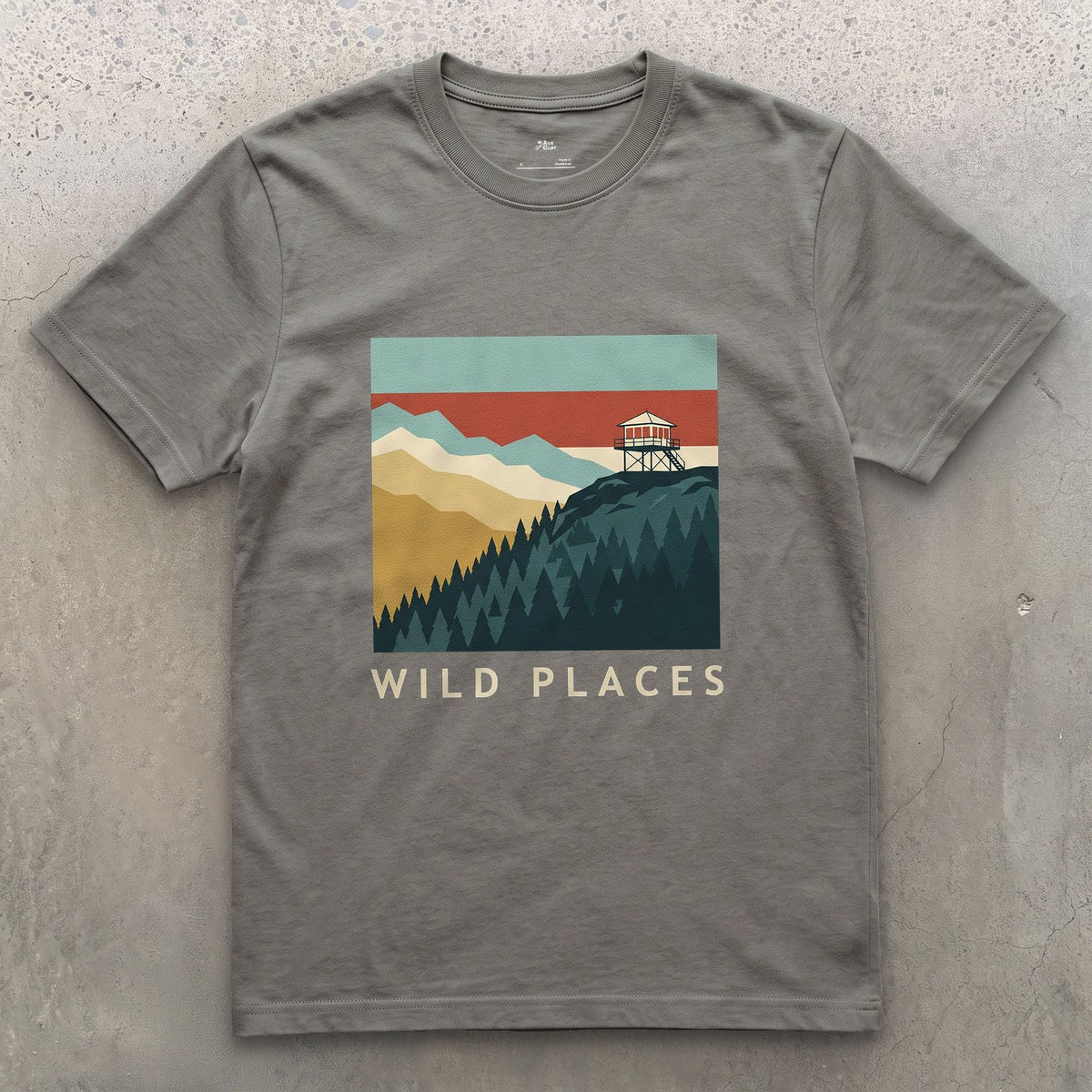 Wild Places, Fire Lookout on the Ridge design on a Charcoal Gildan Softstyle t-shirt