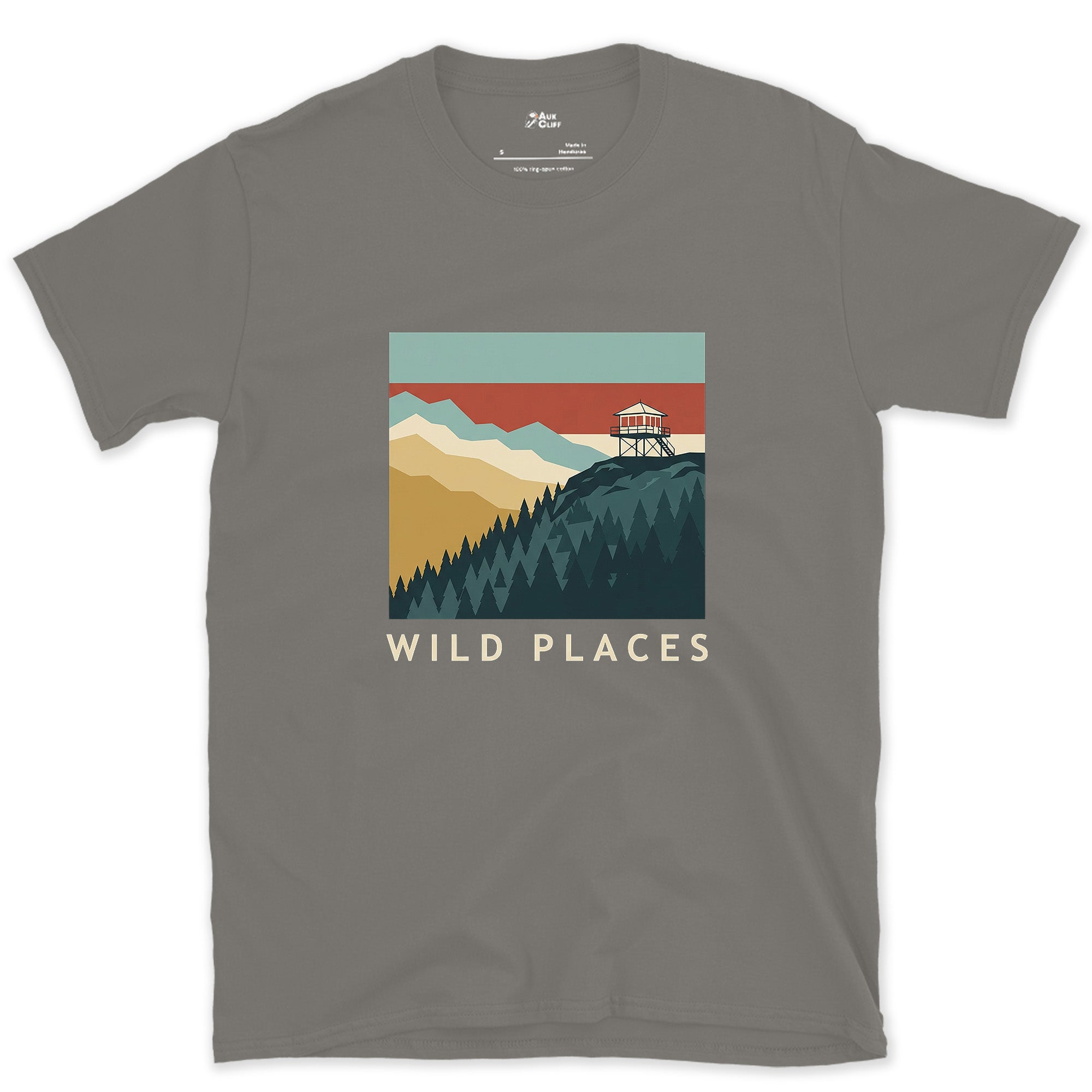 Wild Places, Fire Lookout on the Ridge design on a Charcoal Gildan Softstyle t-shirt