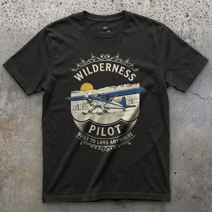 Wilderness Pilot, Land Anywhere design on a Black Gildan Softstyle t-shirt