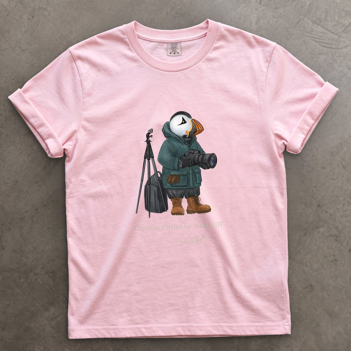 Captain Puffin Wildlife Photographer on a Blossom Comfort Colors t-shirt