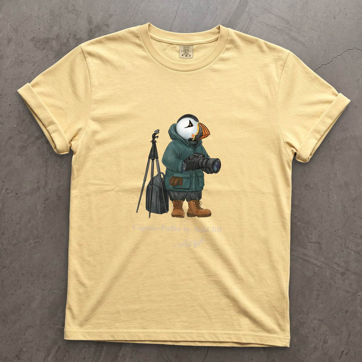 Captain Puffin Wildlife Photographer on a Butter Comfort Colors t-shirt