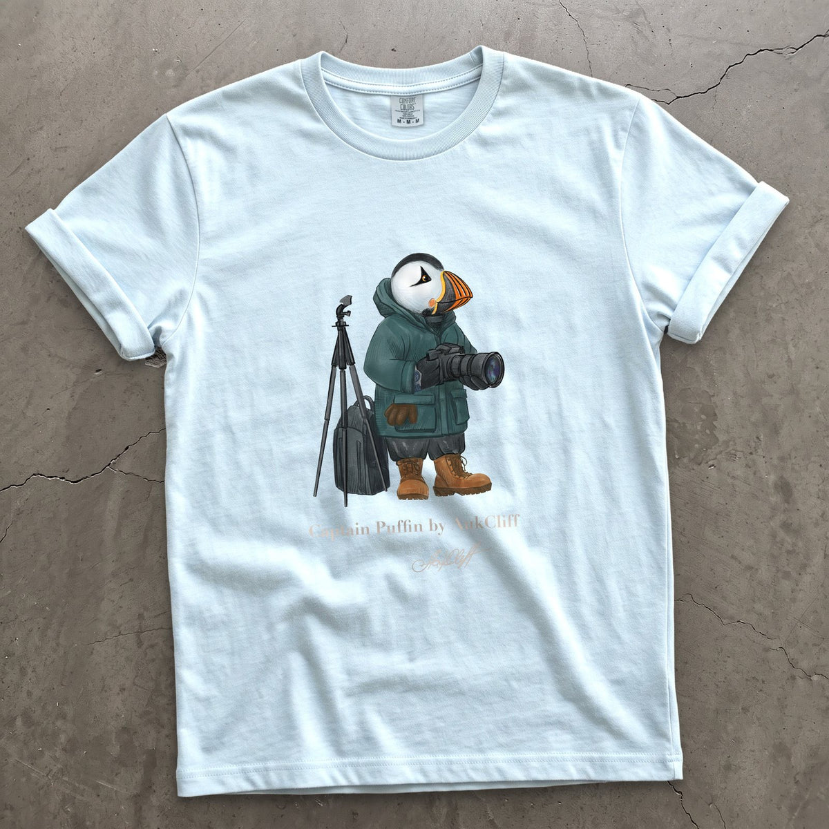 Captain Puffin Wildlife Photographer on a Chambray Comfort Colors t-shirt