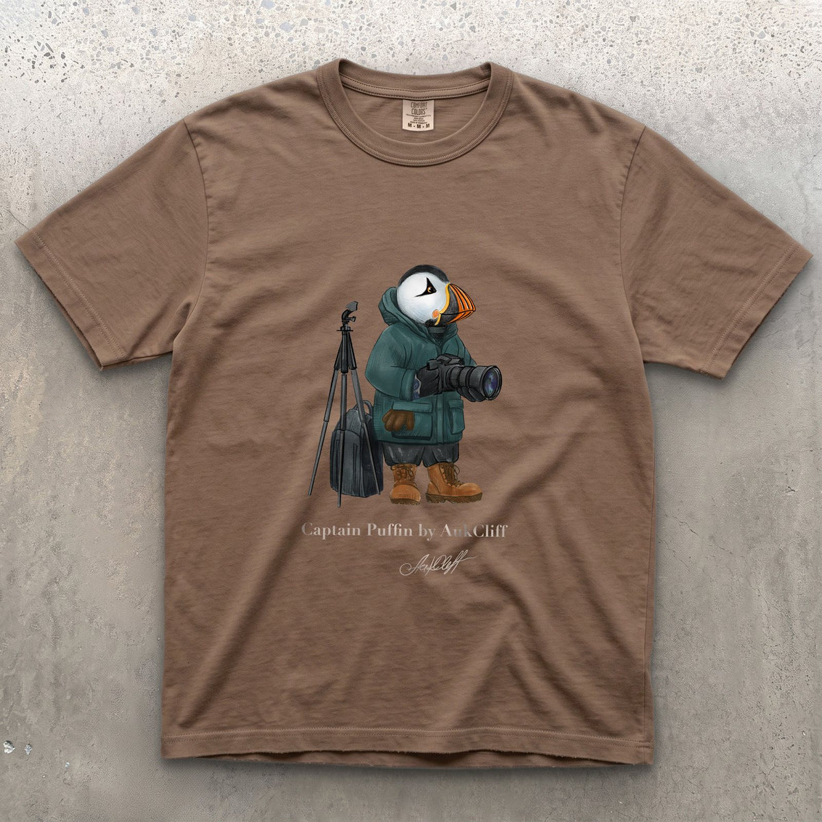 Captain Puffin Wildlife Photographer on a Espresso Comfort Colors t-shirt