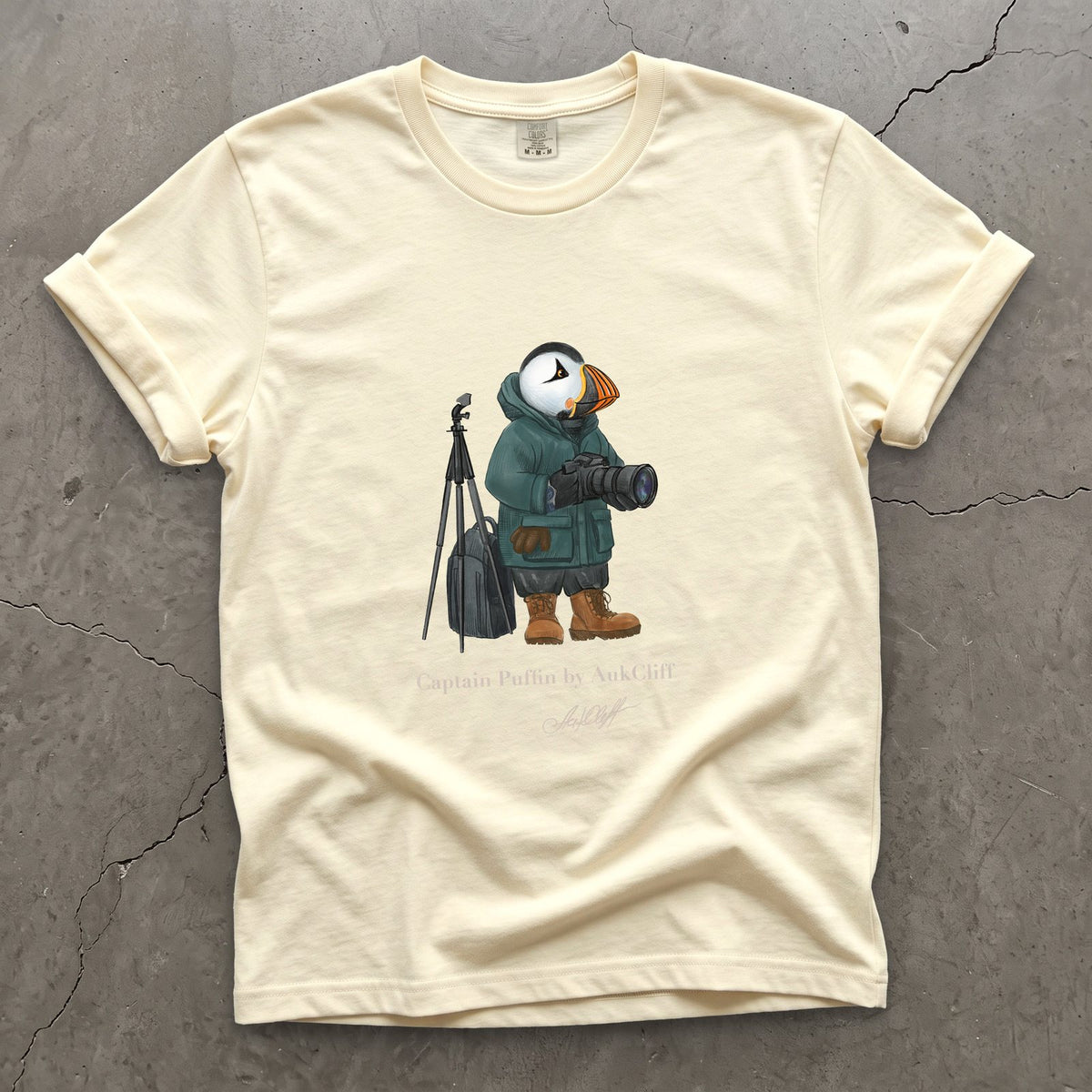 Captain Puffin Wildlife Photographer on a Ivory Comfort Colors t-shirt