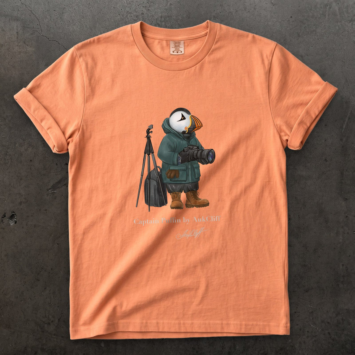 Captain Puffin Wildlife Photographer on a Terracotta Comfort Colors t-shirt