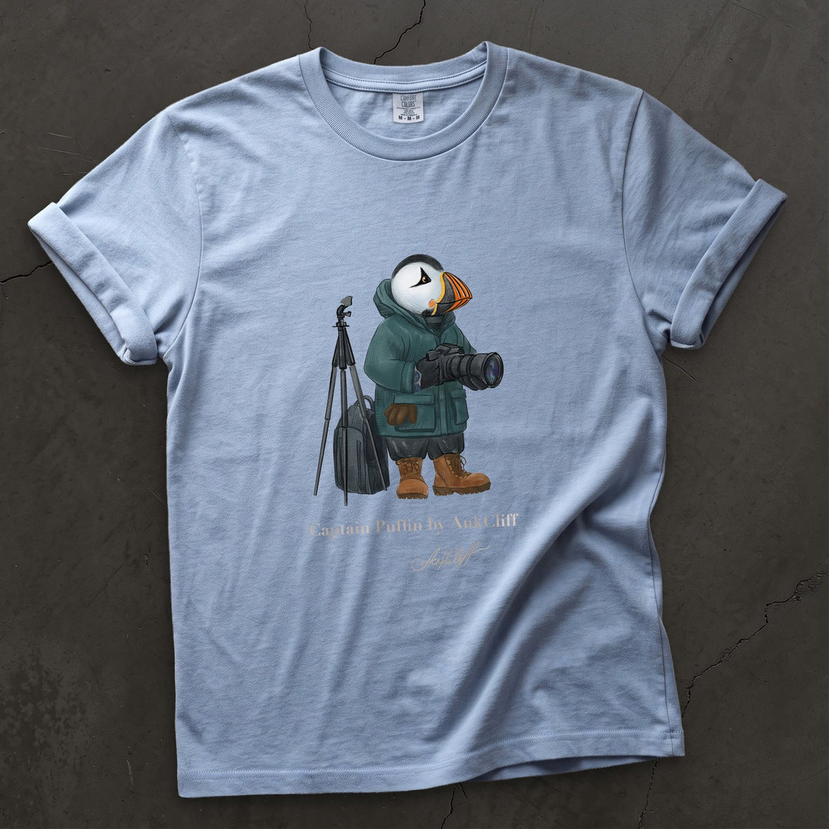 Captain Puffin Wildlife Photographer on a Washed Denim Comfort Colors t-shirt