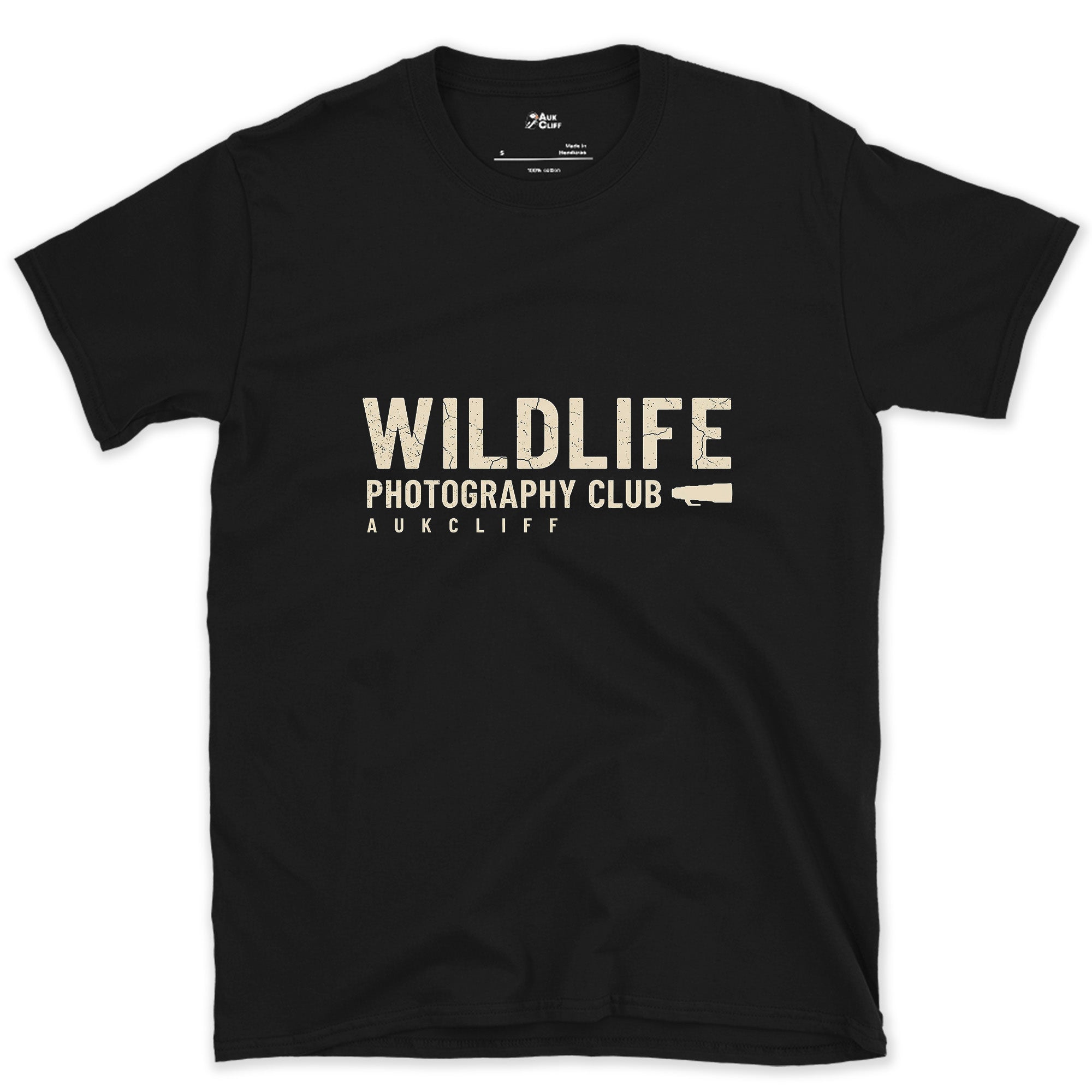 The Wildlife Photography Club Badge design on a Black Gildan Softstyle t-shirt