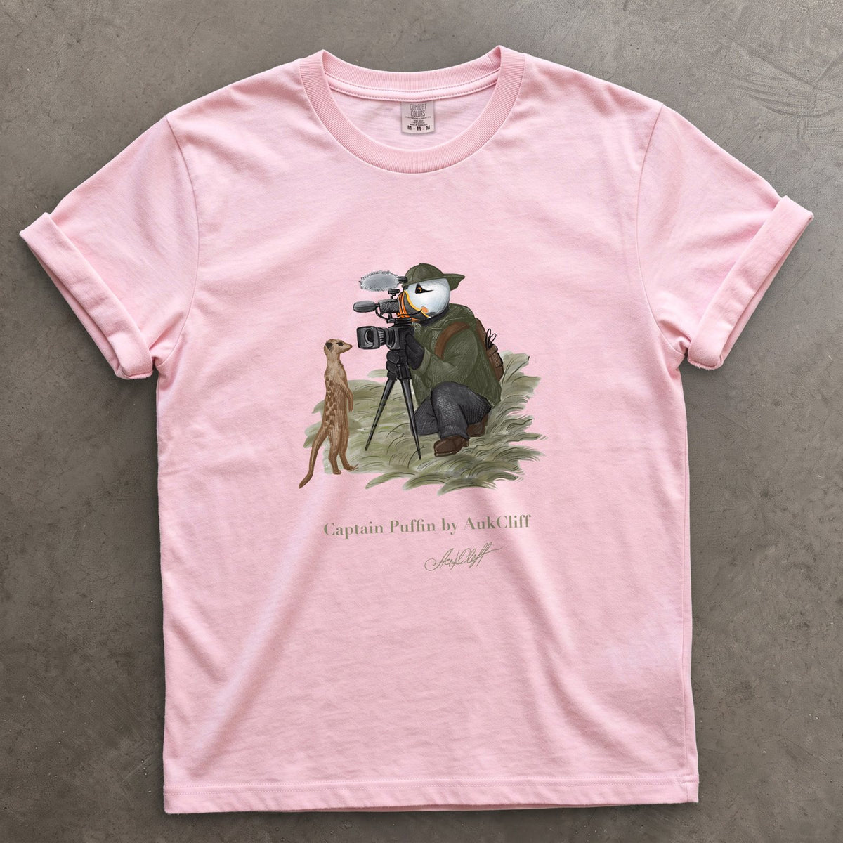 Captain Puffin Wildlife Videographer on a Blossom Comfort Colors t-shirt